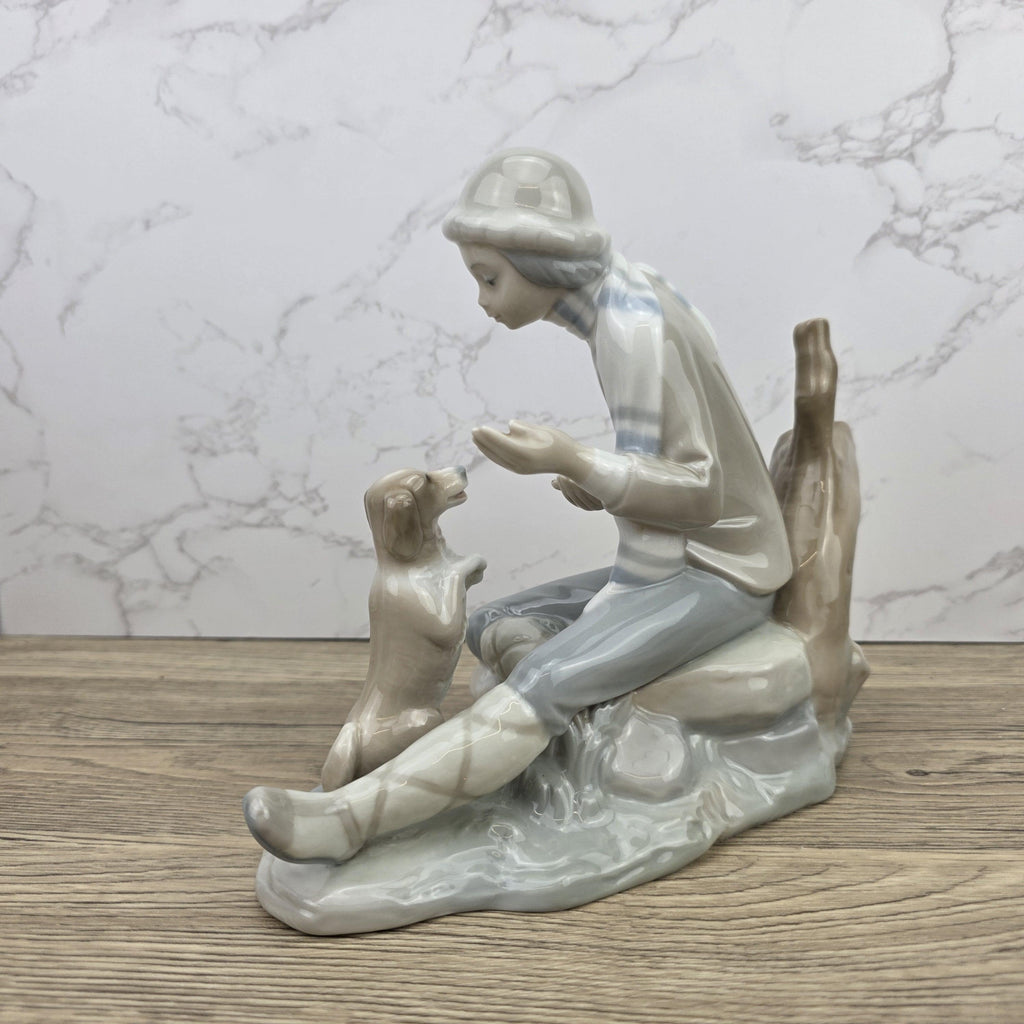 Porcelain Boy and Dog Figurine | Vintage Spanish Style Ceramic Sculpture | Collectible Animal Scene Decor