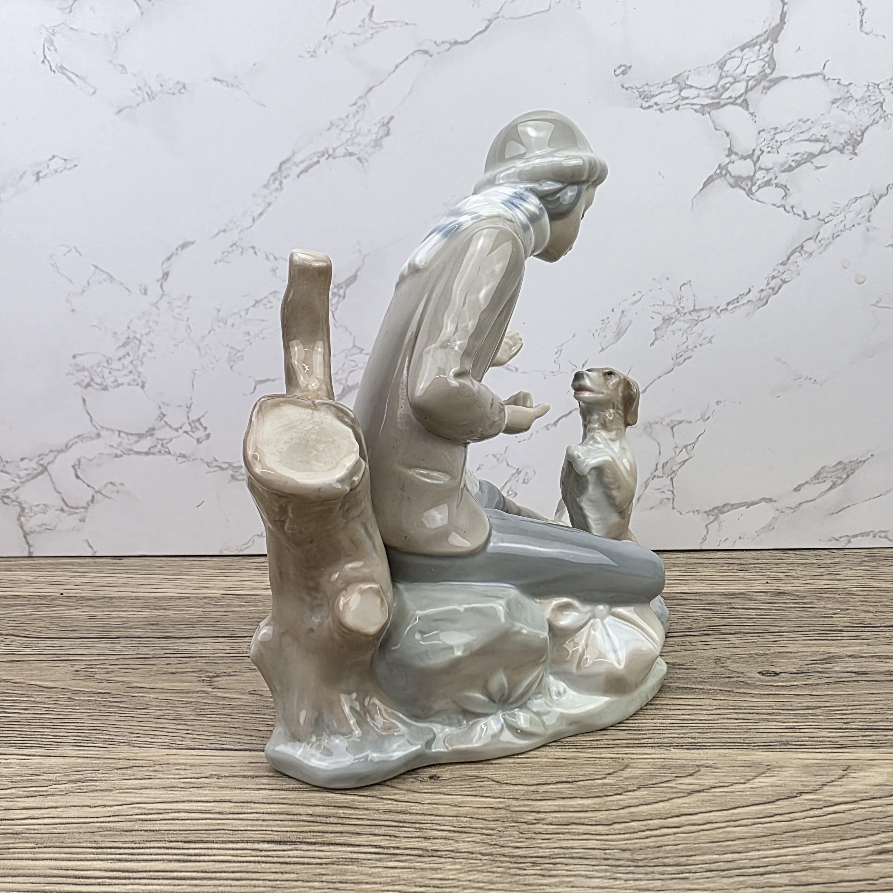 Porcelain Boy and Dog Figurine | Vintage Spanish Style Ceramic Sculpture | Collectible Animal Scene Decor