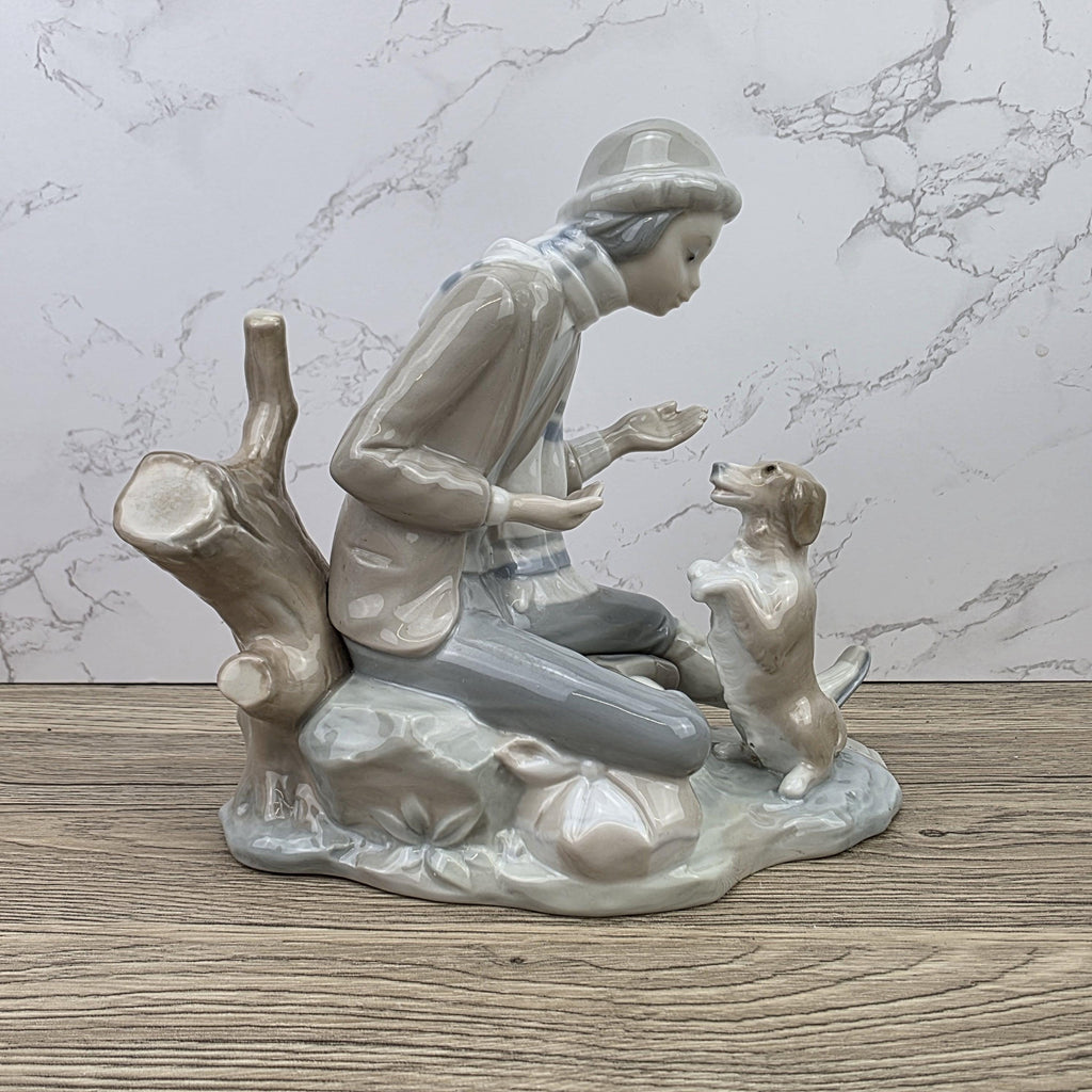 Porcelain Boy and Dog Figurine | Vintage Spanish Style Ceramic Sculpture | Collectible Animal Scene Decor