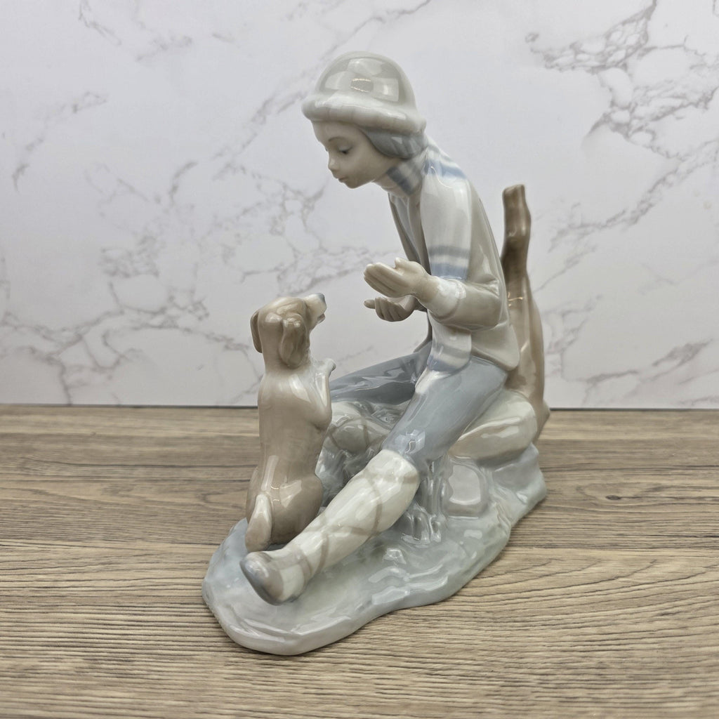 Porcelain Boy and Dog Figurine | Vintage Spanish Style Ceramic Sculpture | Collectible Animal Scene Decor