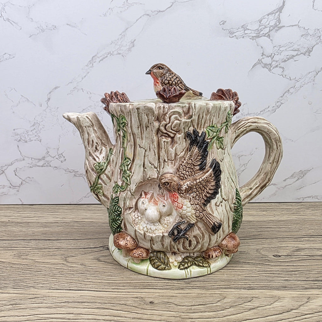 Vintage Leonardo Bird Nest Tree Stump Teapot With Lid Ceramic Woodland Relief Collectible Decoration