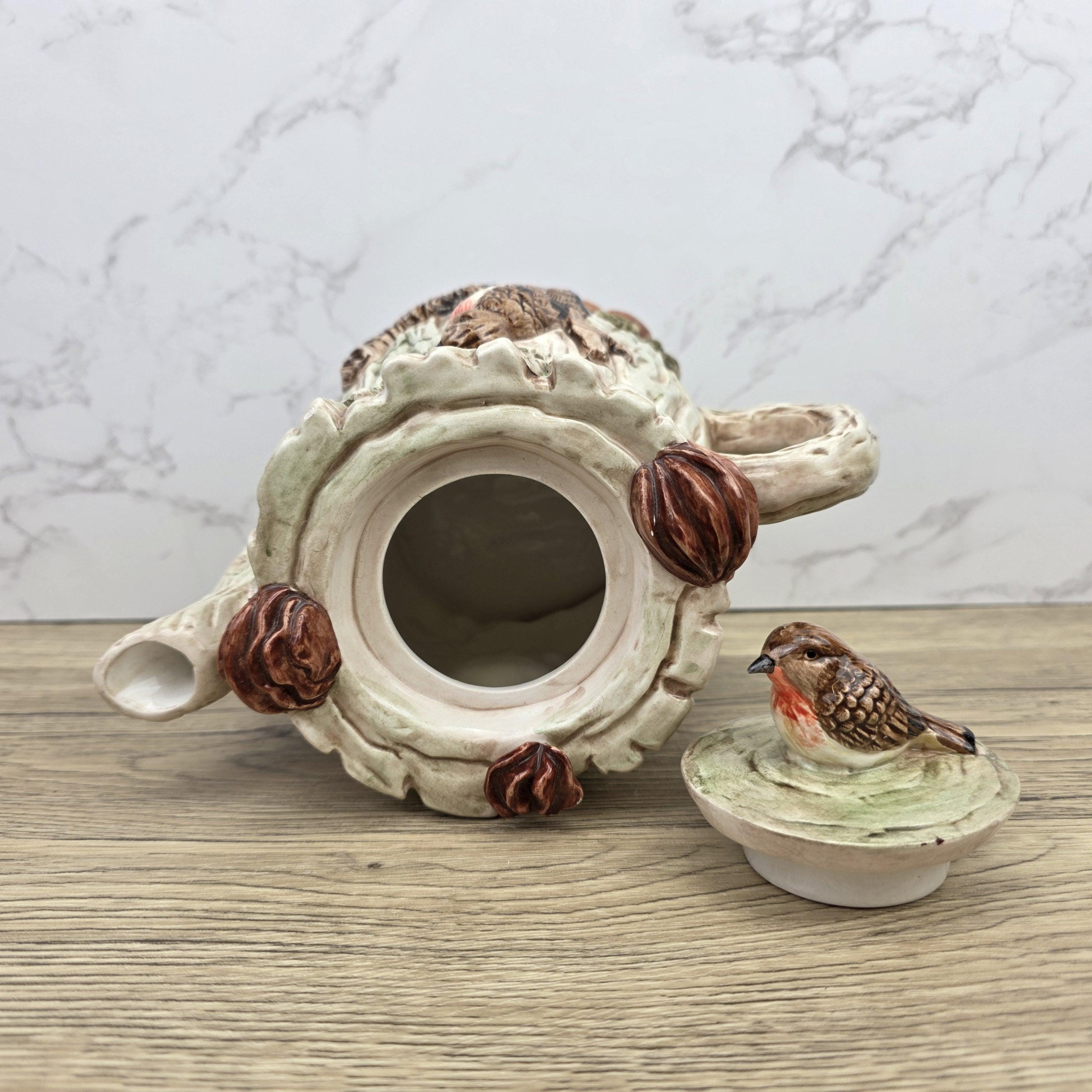 Vintage Leonardo Bird Nest Tree Stump Teapot With Lid Ceramic Woodland Relief Collectible Decoration