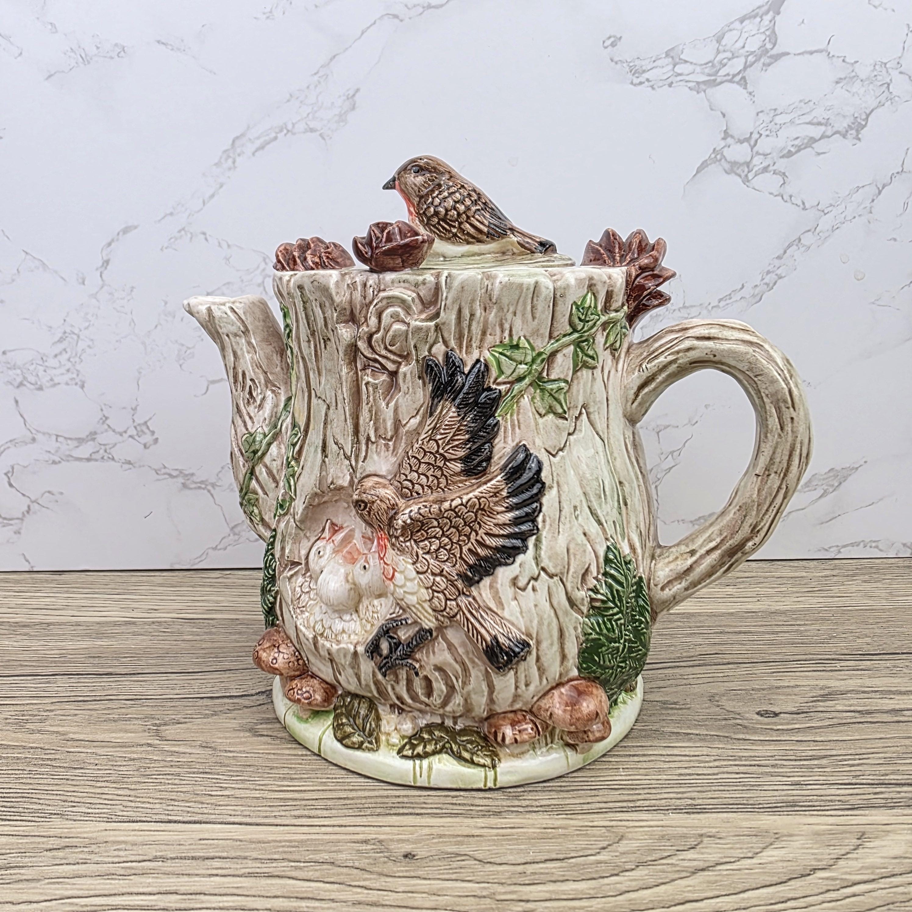 Vintage Leonardo Bird Nest Tree Stump Teapot With Lid Ceramic Woodland Relief Collectible Decoration