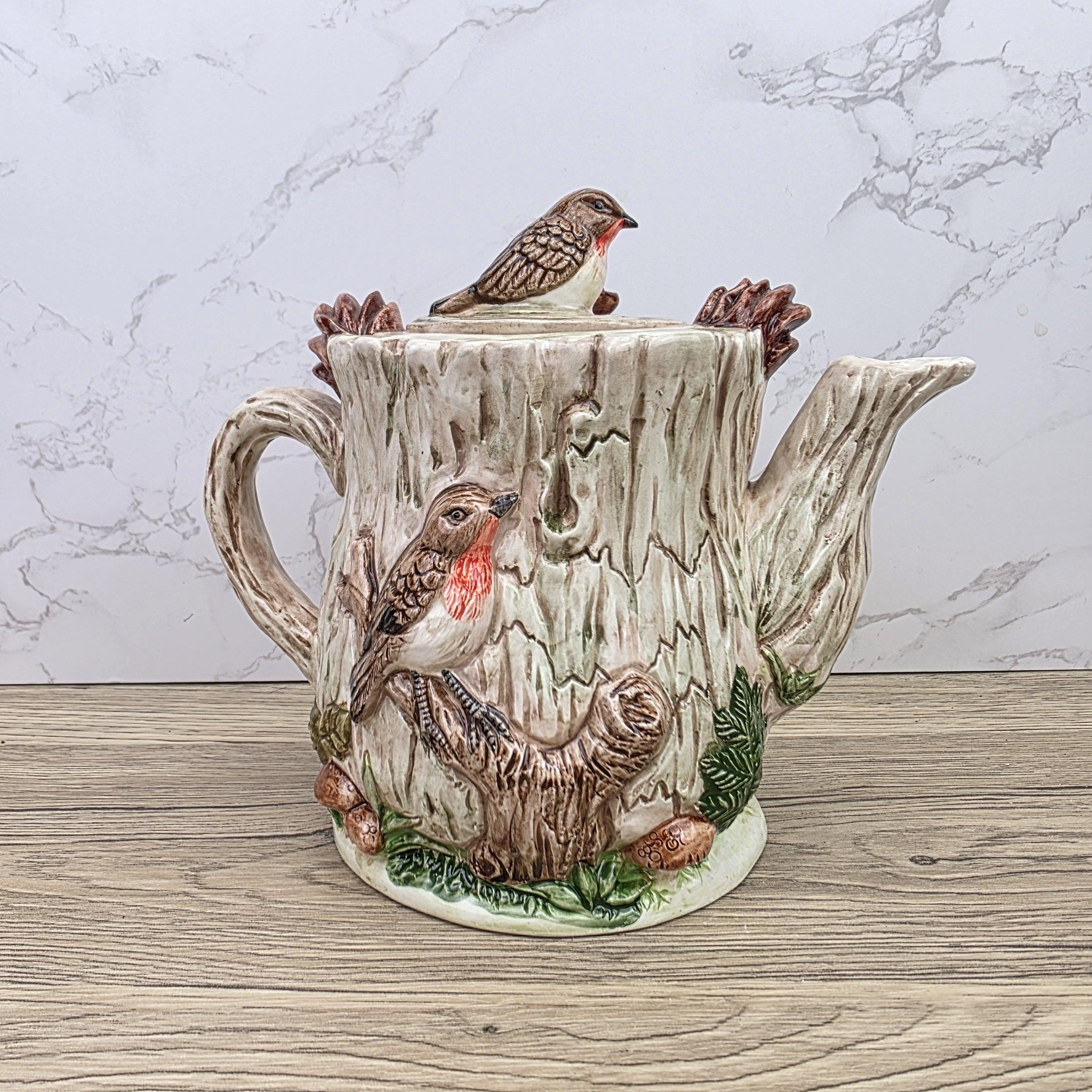 Vintage Leonardo Bird Nest Tree Stump Teapot With Lid Ceramic Woodland Relief Collectible Decoration