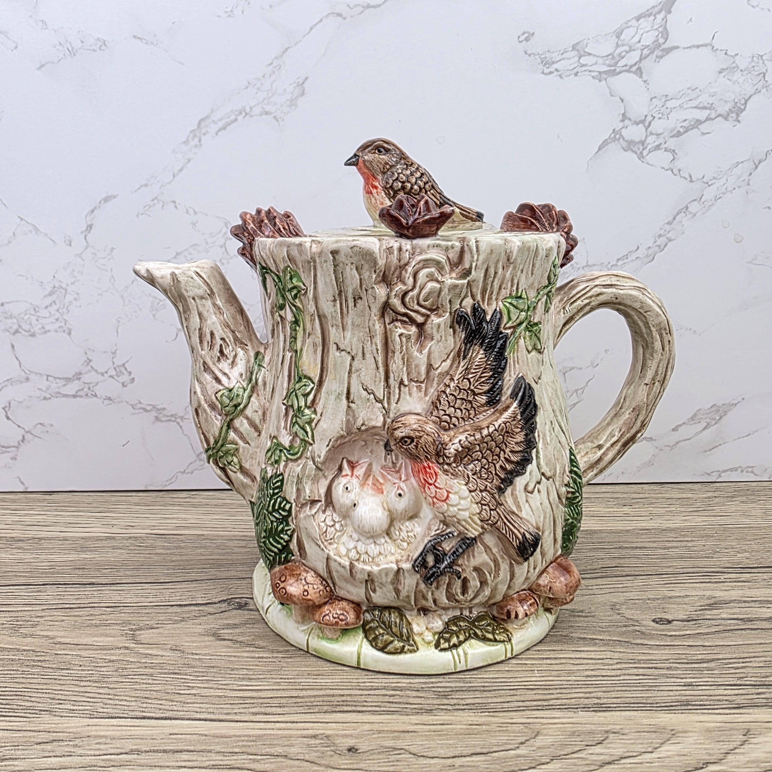 Vintage Leonardo Bird Nest Tree Stump Teapot With Lid Ceramic Woodland Relief Collectible Decoration