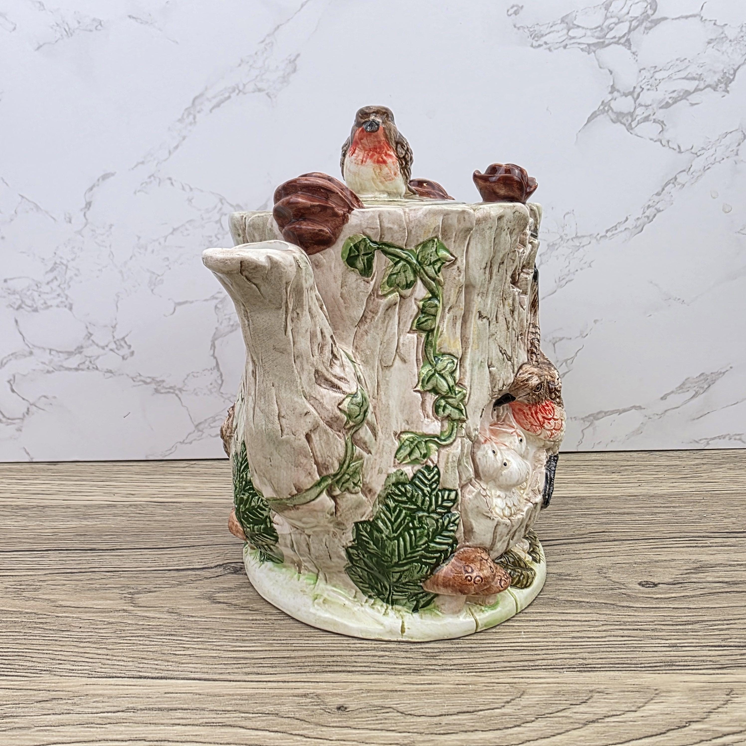 Vintage Leonardo Bird Nest Tree Stump Teapot With Lid Ceramic Woodland Relief Collectible Decoration