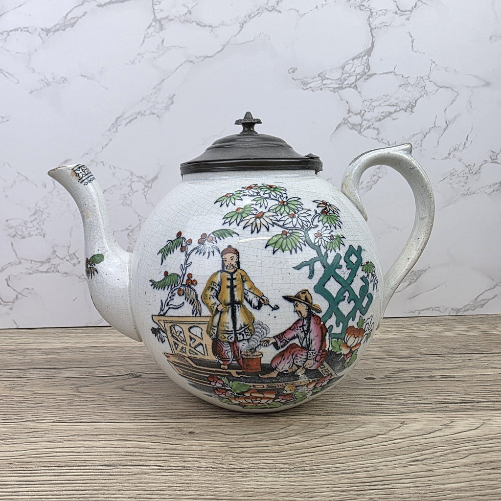Pekin Crackle Glaze Ceramic Teapot With Metal Lid | Hand Painted Chinese Scene | Vintage Decor