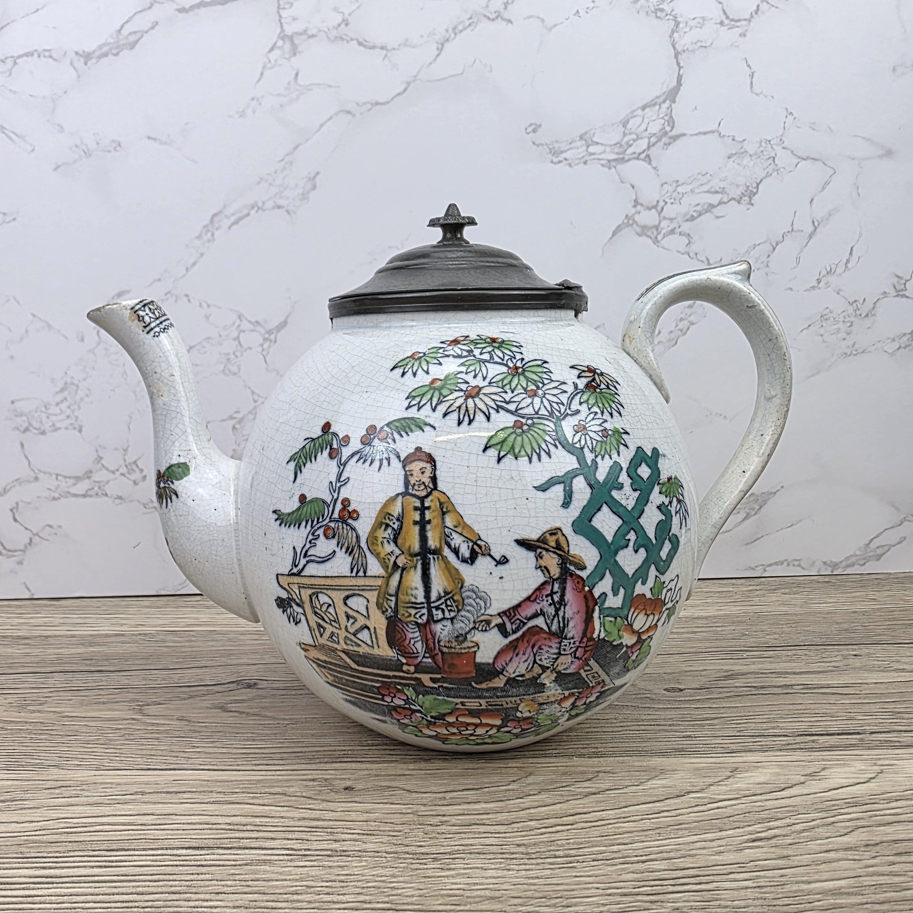 Pekin Crackle Glaze Ceramic Teapot With Metal Lid | Hand Painted Chinese Scene | Vintage Decor