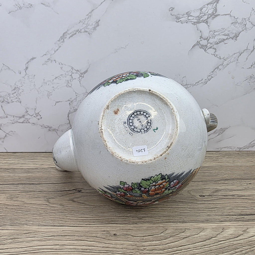 Pekin Crackle Glaze Ceramic Teapot With Metal Lid | Hand Painted Chinese Scene | Vintage Decor
