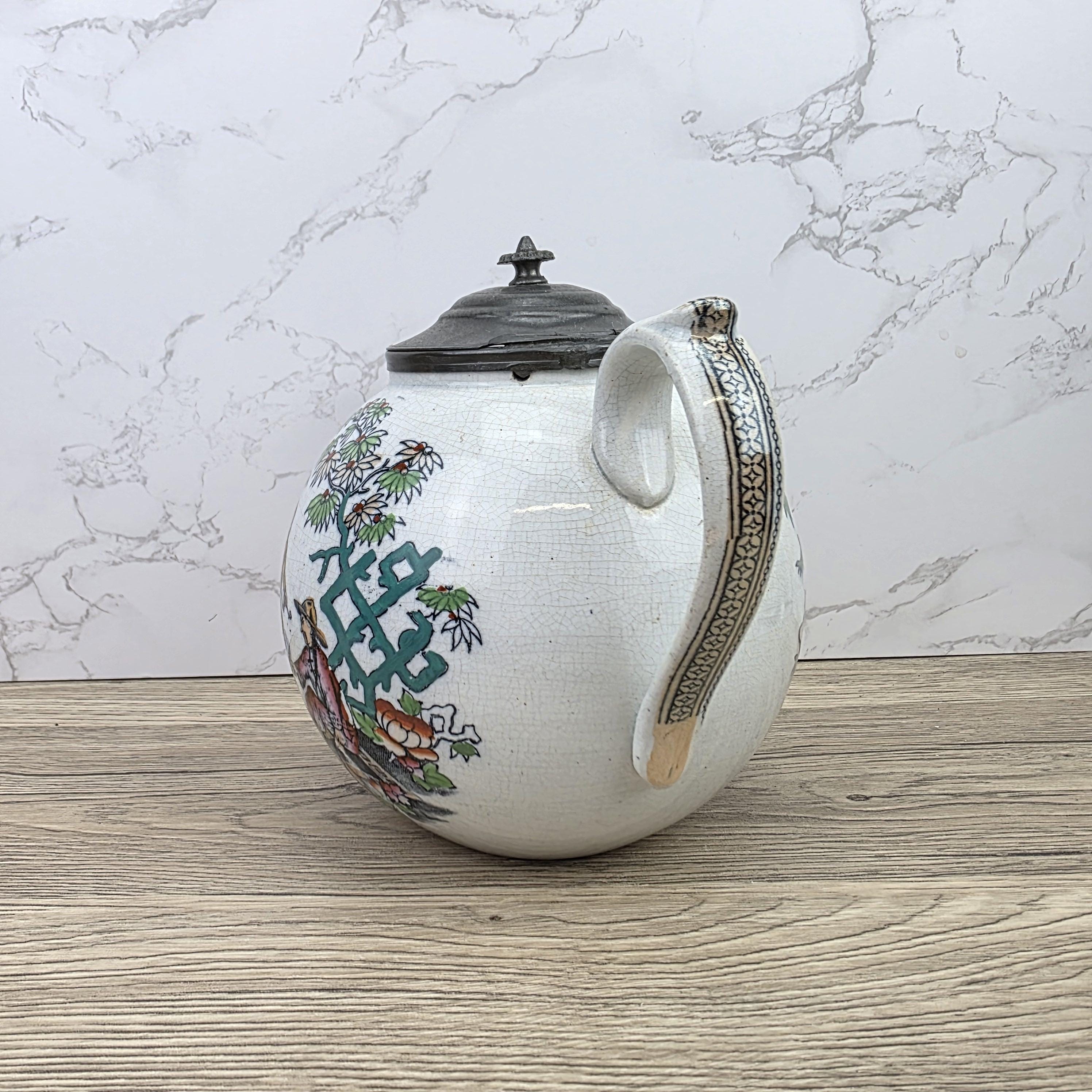 Pekin Crackle Glaze Ceramic Teapot With Metal Lid | Hand Painted Chinese Scene | Vintage Decor