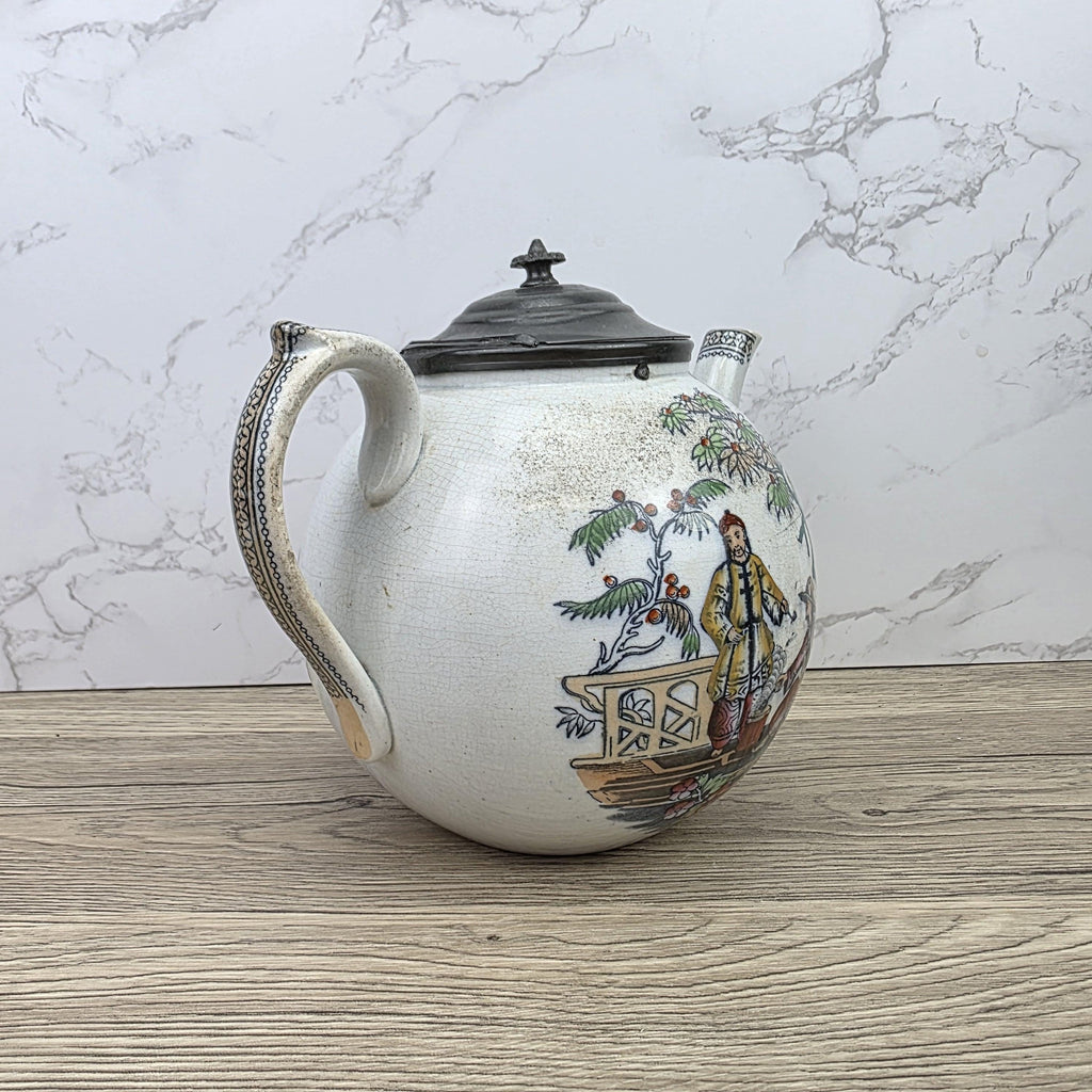 Pekin Crackle Glaze Ceramic Teapot With Metal Lid | Hand Painted Chinese Scene | Vintage Decor