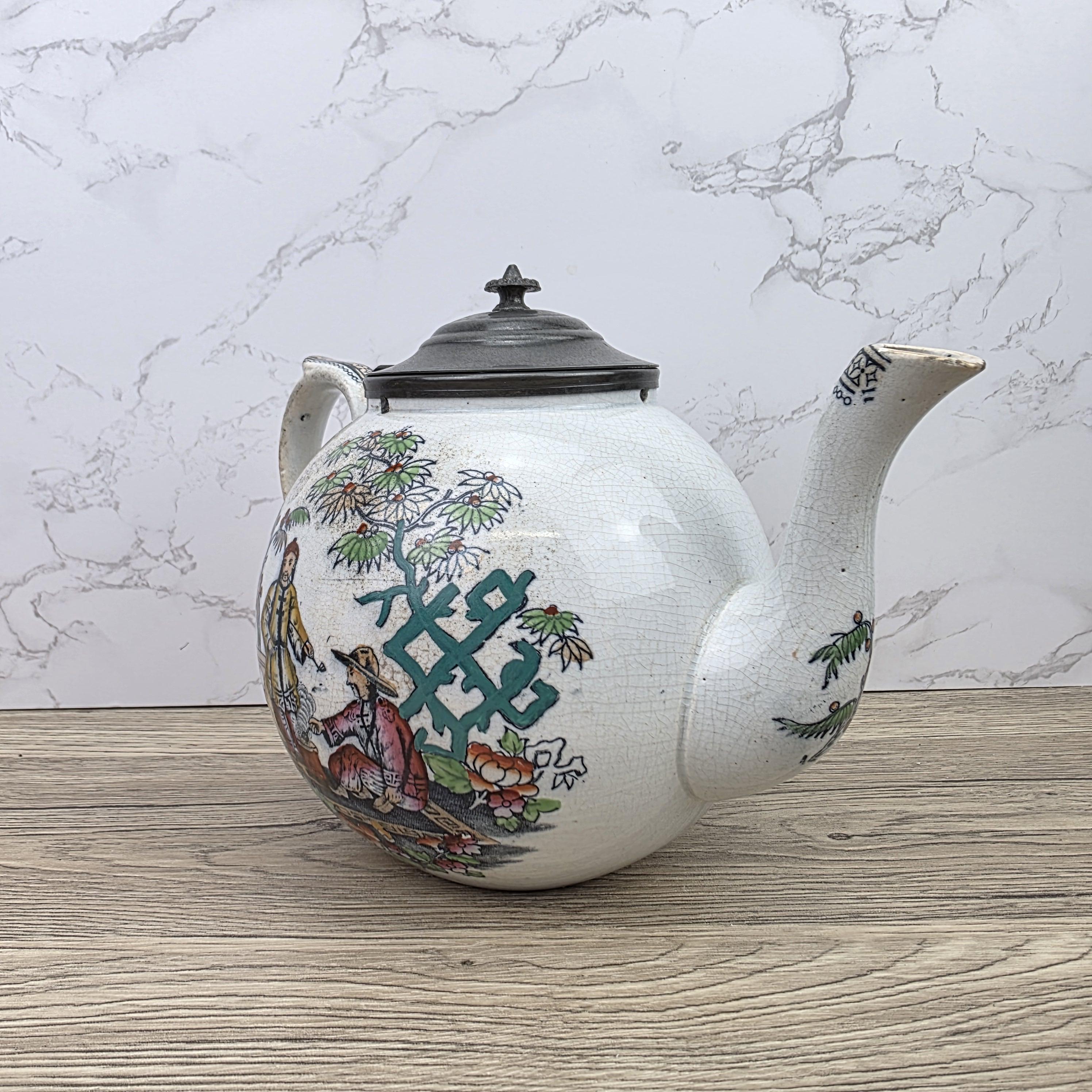 Pekin Crackle Glaze Ceramic Teapot With Metal Lid | Hand Painted Chinese Scene | Vintage Decor