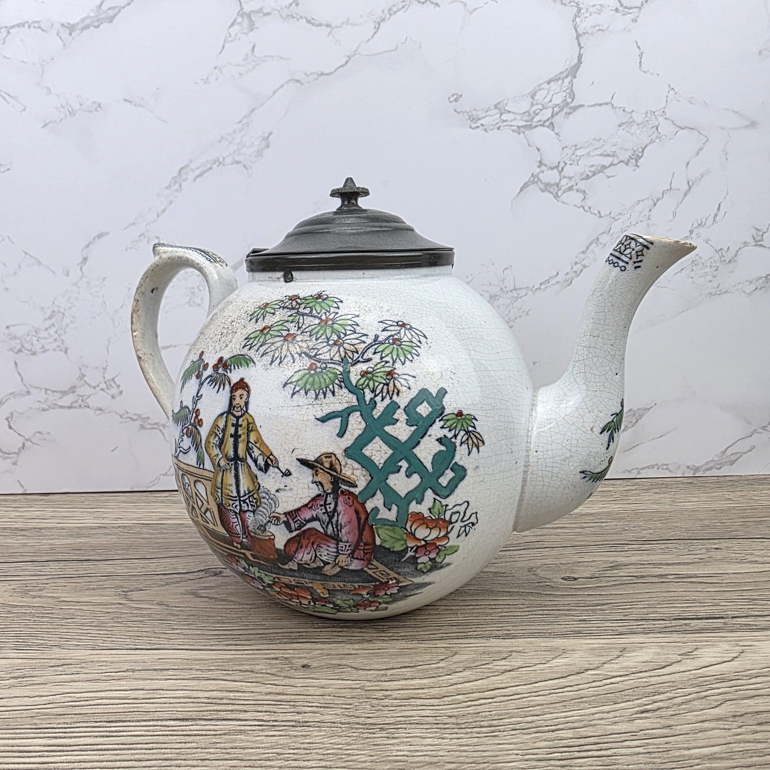 Pekin Crackle Glaze Ceramic Teapot With Metal Lid | Hand Painted Chinese Scene | Vintage Decor
