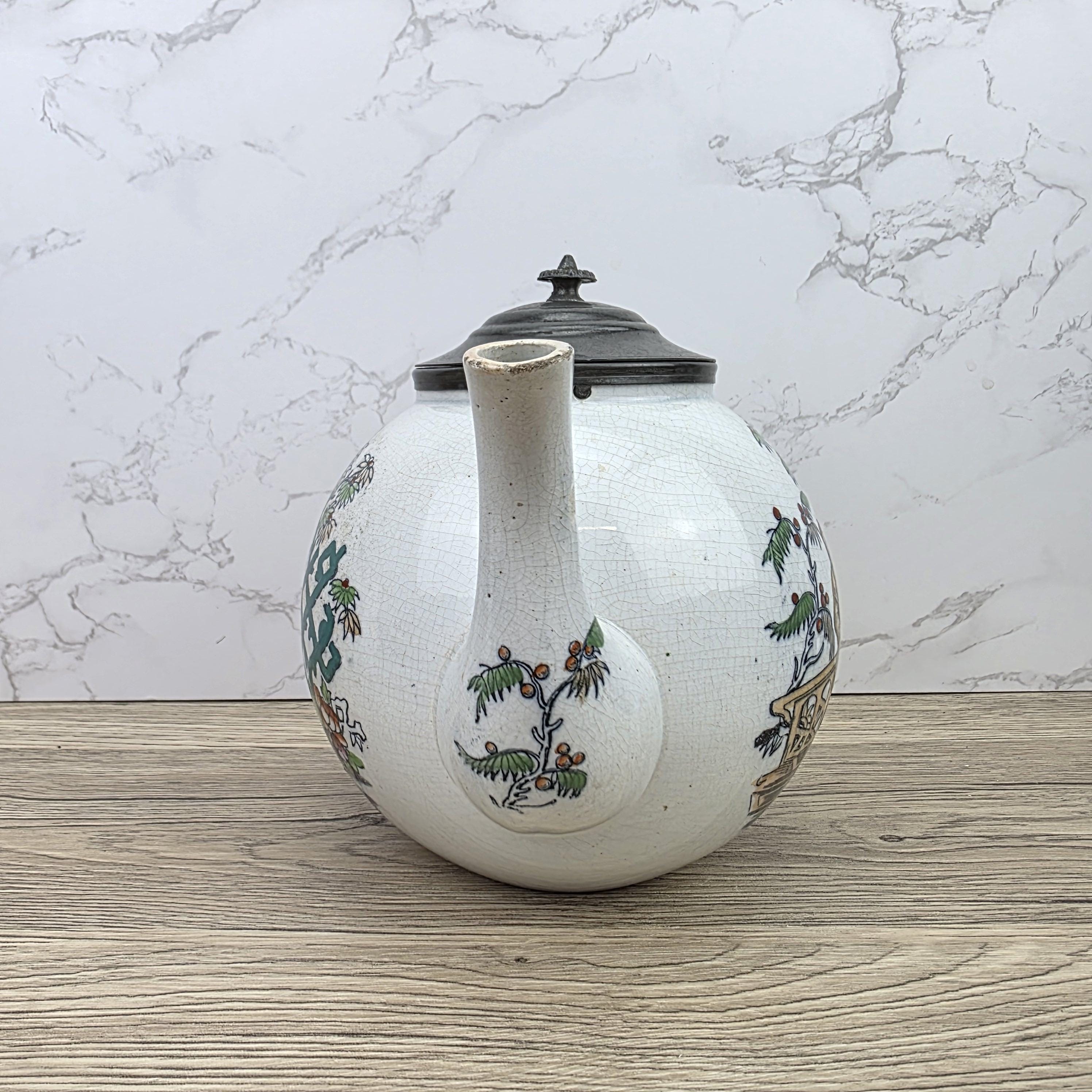 Pekin Crackle Glaze Ceramic Teapot With Metal Lid | Hand Painted Chinese Scene | Vintage Decor