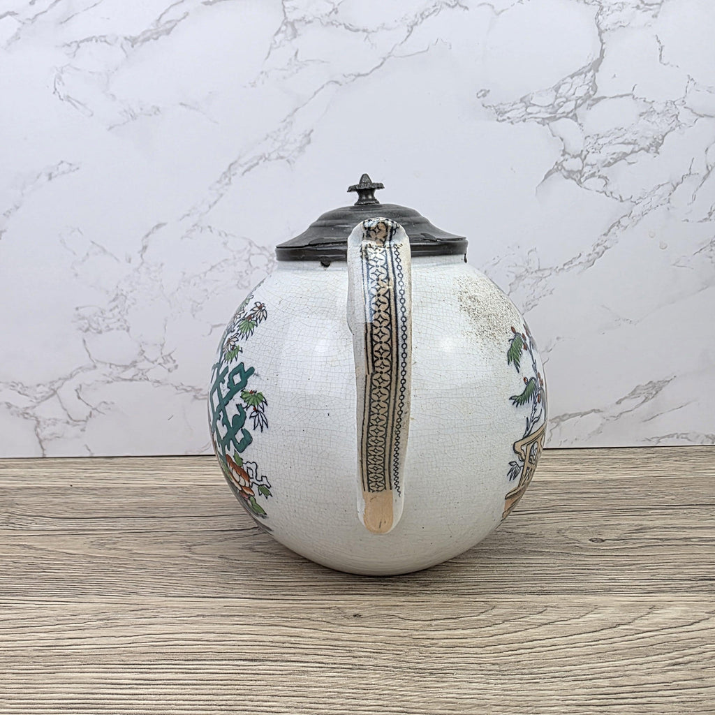 Pekin Crackle Glaze Ceramic Teapot With Metal Lid | Hand Painted Chinese Scene | Vintage Decor