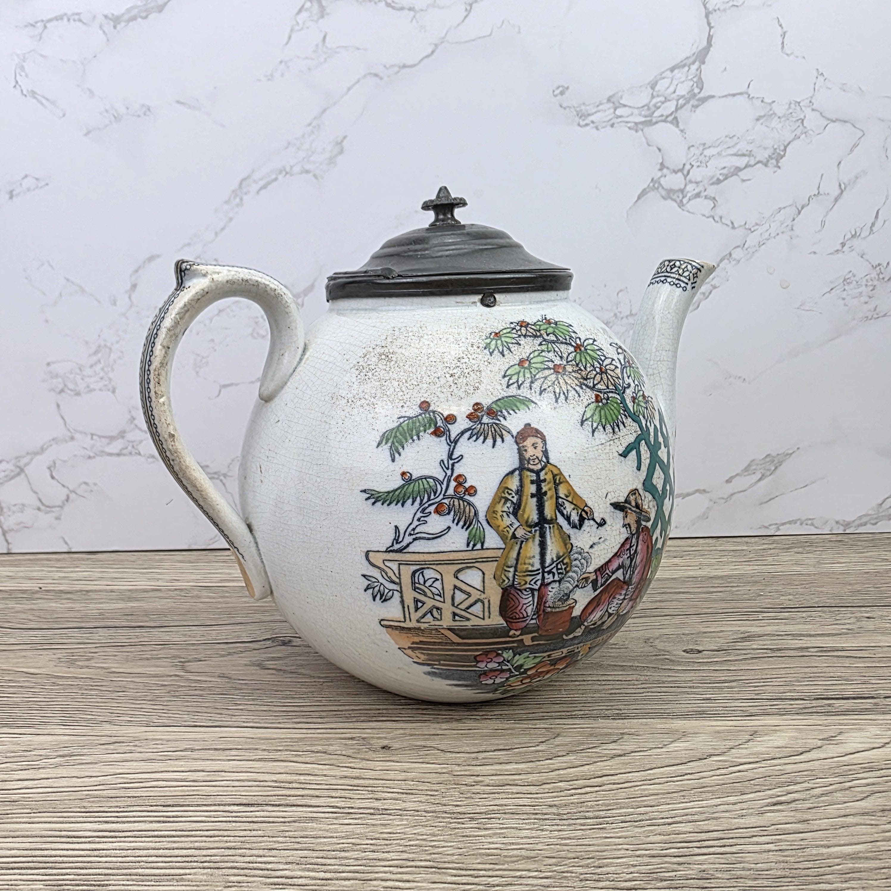 Pekin Crackle Glaze Ceramic Teapot With Metal Lid | Hand Painted Chinese Scene | Vintage Decor