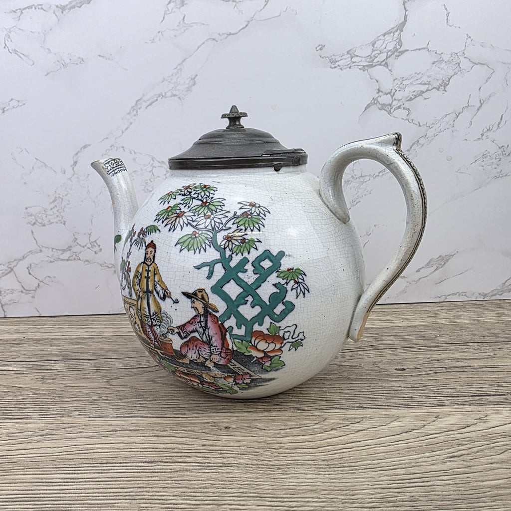 Pekin Crackle Glaze Ceramic Teapot With Metal Lid | Hand Painted Chinese Scene | Vintage Decor