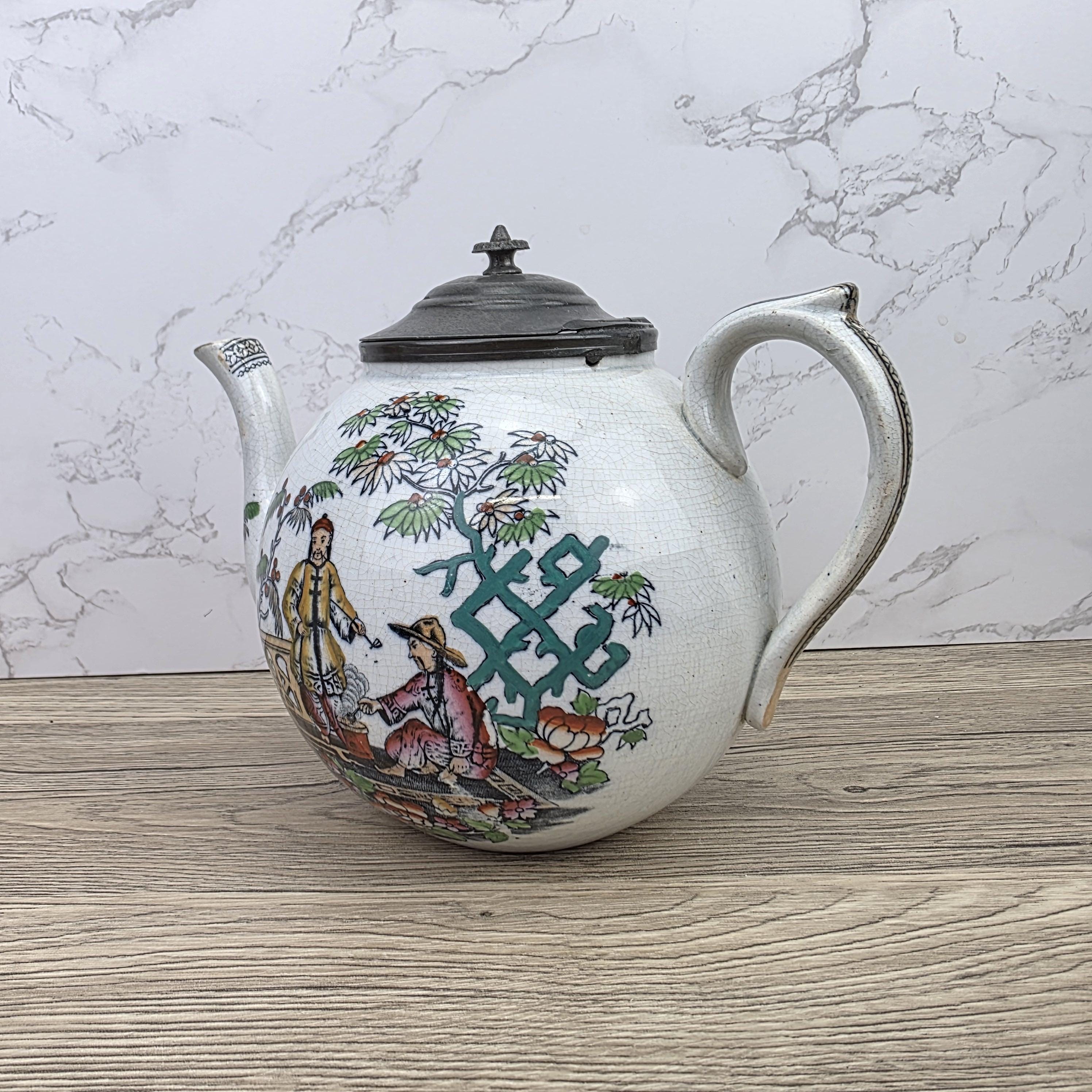 Pekin Crackle Glaze Ceramic Teapot With Metal Lid | Hand Painted Chinese Scene | Vintage Decor