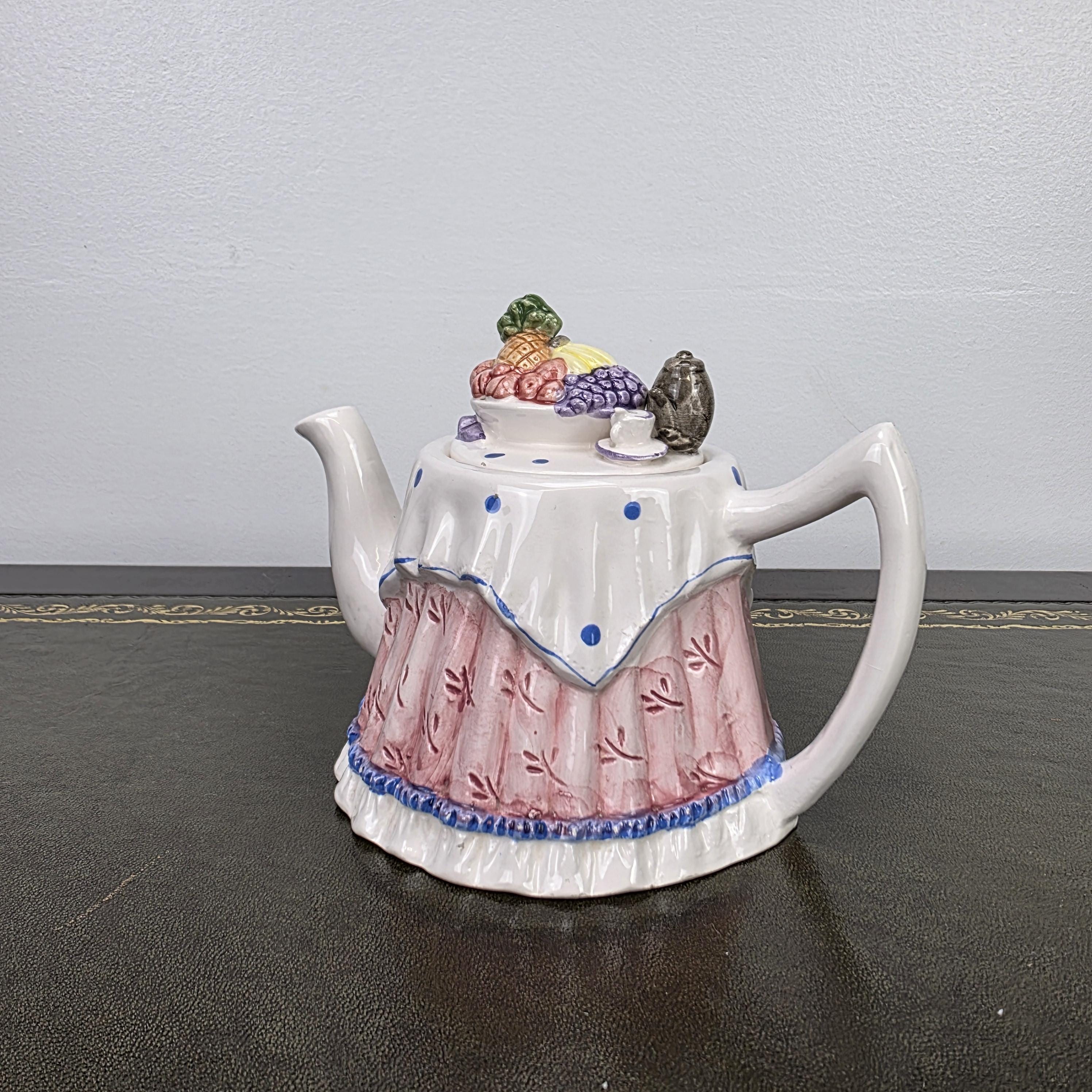 Novelty Porcelain Teapot with Fruit Lid Decorative Table Teaware Collectible Kitchen Display Piece 1990s