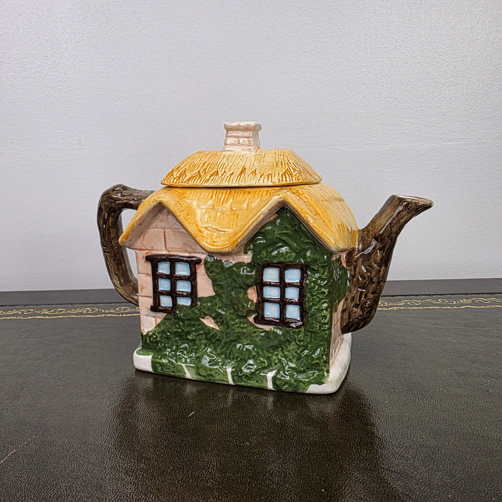 Cottage House Novelty Teapot with Bear Figures Porcelain Collectible Tea Pot Kitchen Display 1990s