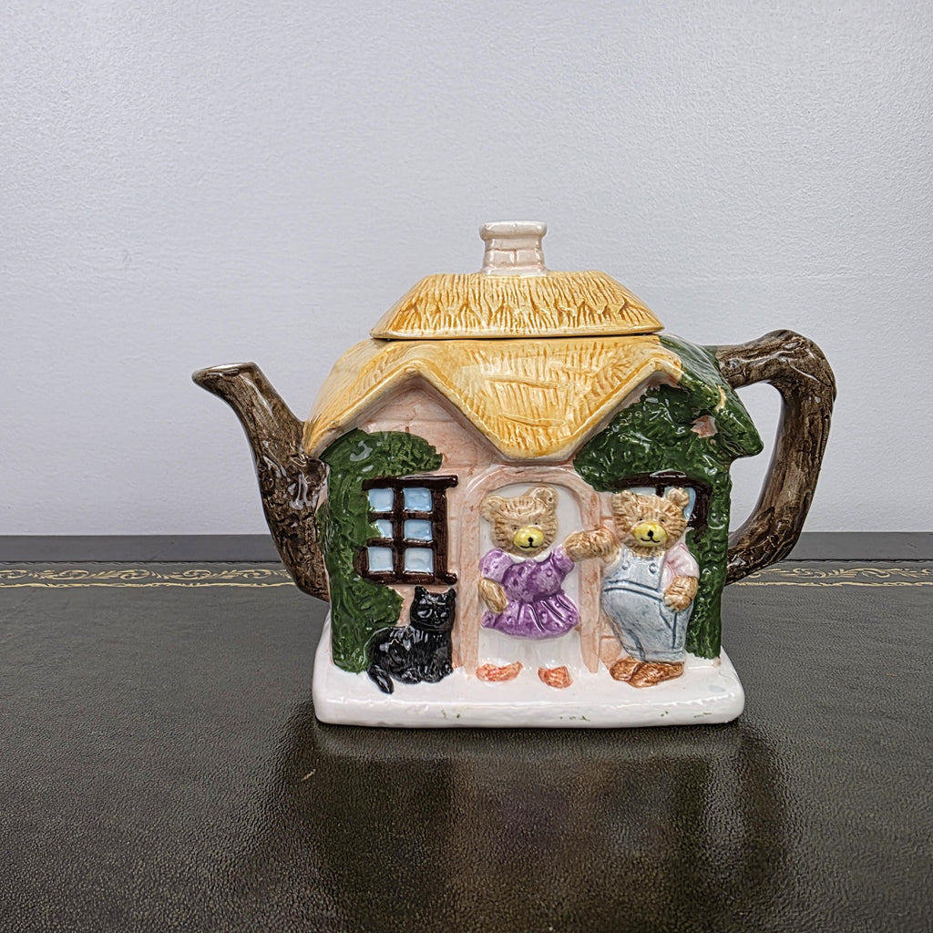 Cottage House Novelty Teapot with Bear Figures Porcelain Collectible Tea Pot Kitchen Display 1990s