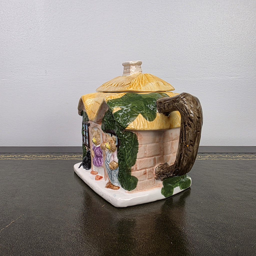 Cottage House Novelty Teapot with Bear Figures Porcelain Collectible Tea Pot Kitchen Display 1990s