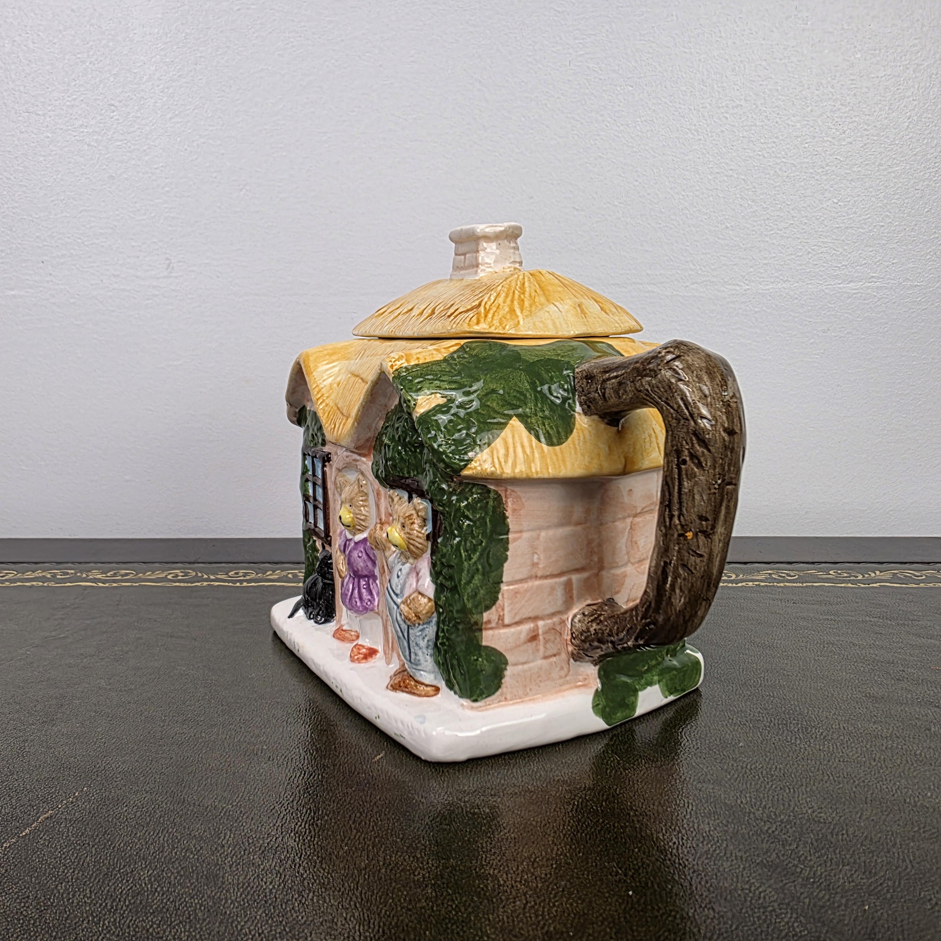 Cottage House Novelty Teapot with Bear Figures Porcelain Collectible Tea Pot Kitchen Display 1990s