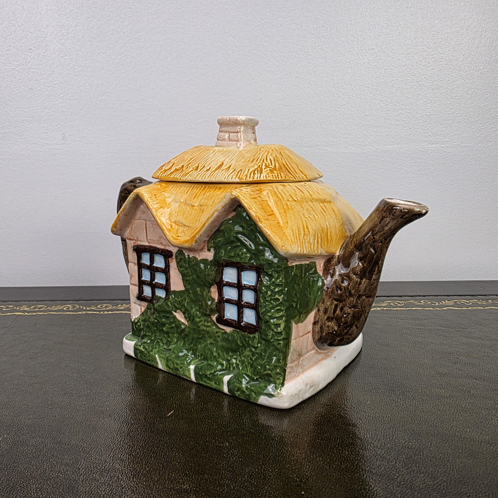 Cottage House Novelty Teapot with Bear Figures Porcelain Collectible Tea Pot Kitchen Display 1990s