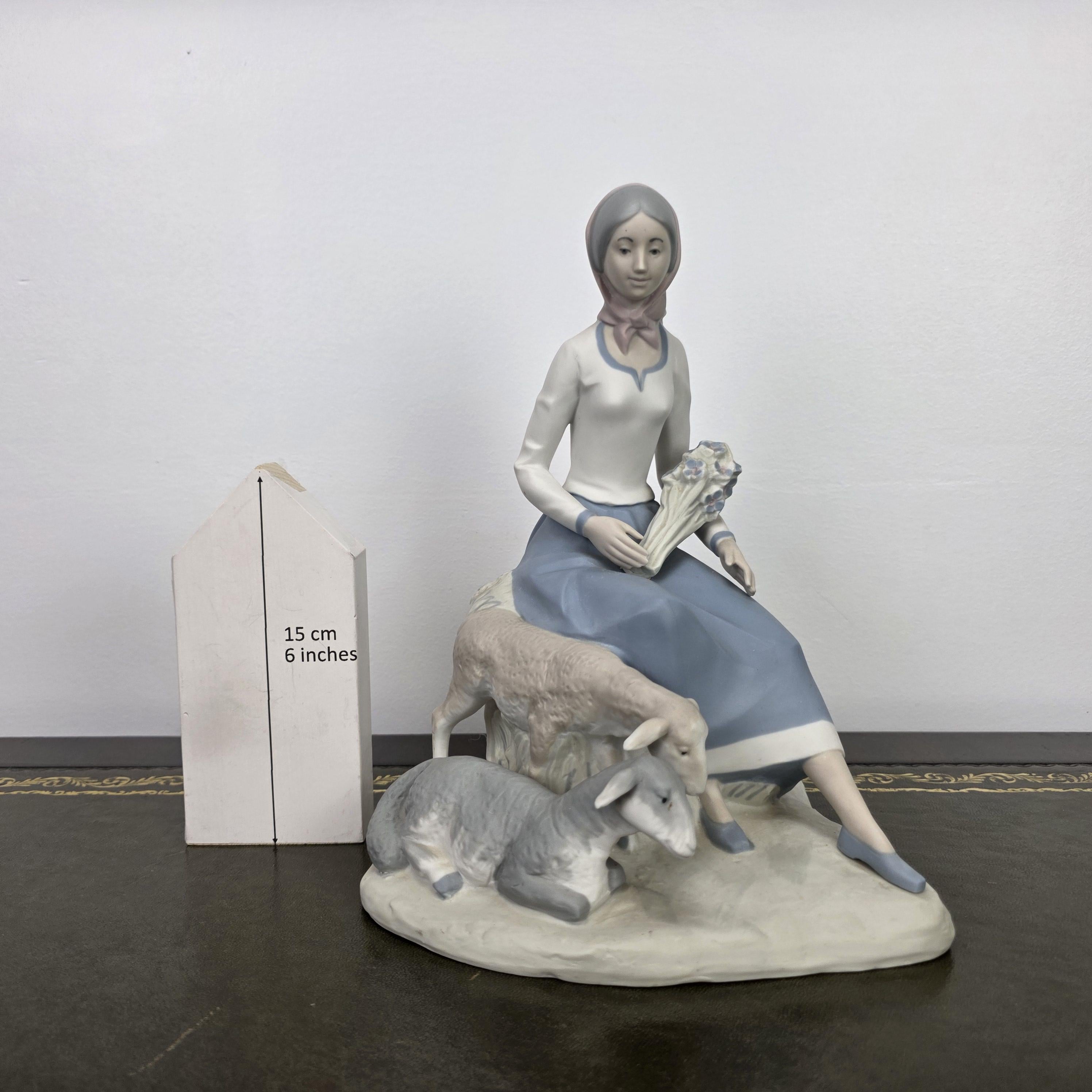 Rex Valencia Spain Porcelain Shepherd Girl with Sheep Vintage Collectible Country Scene Figurine 1980s