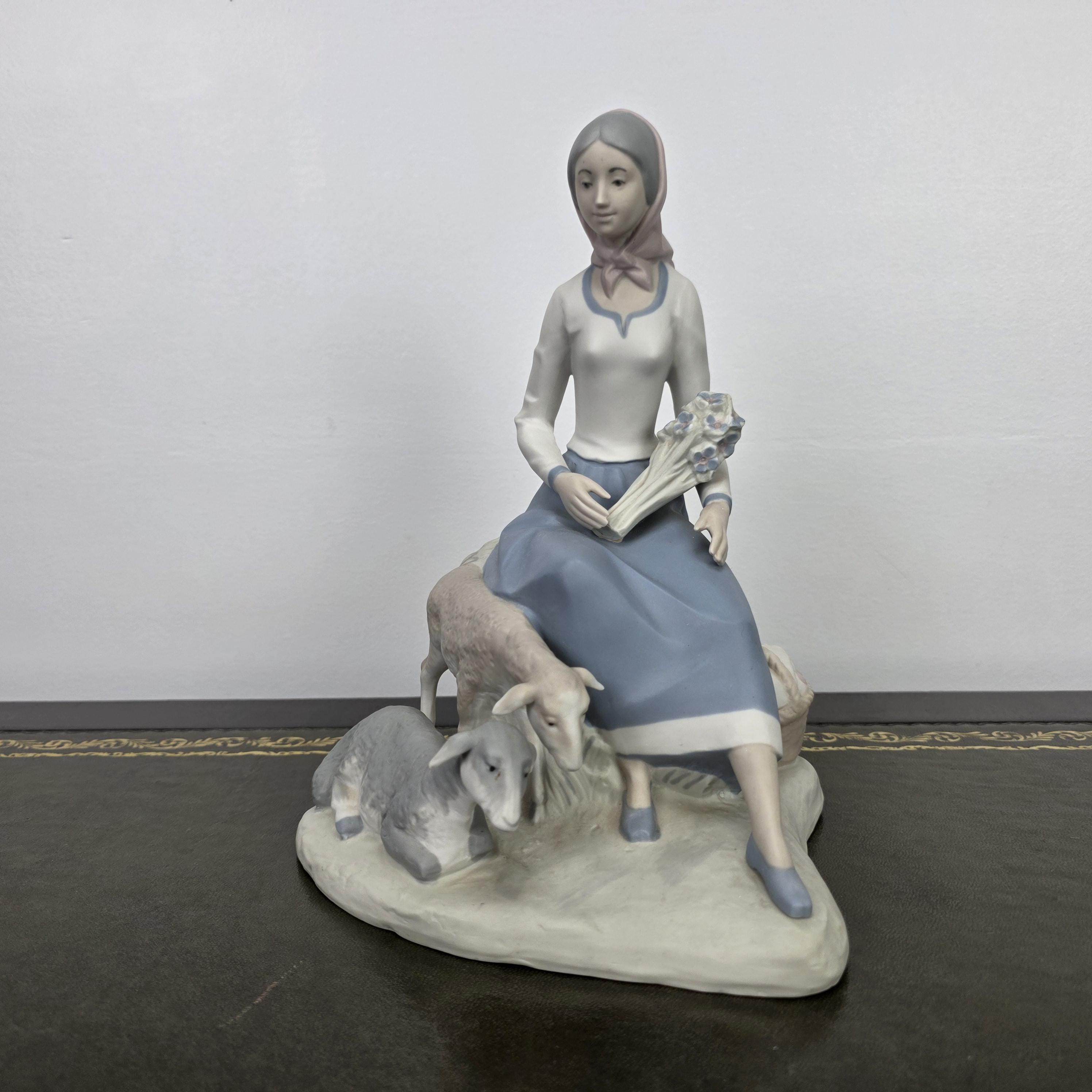 Rex Valencia Spain Porcelain Shepherd Girl with Sheep Vintage Collectible Country Scene Figurine 1980s