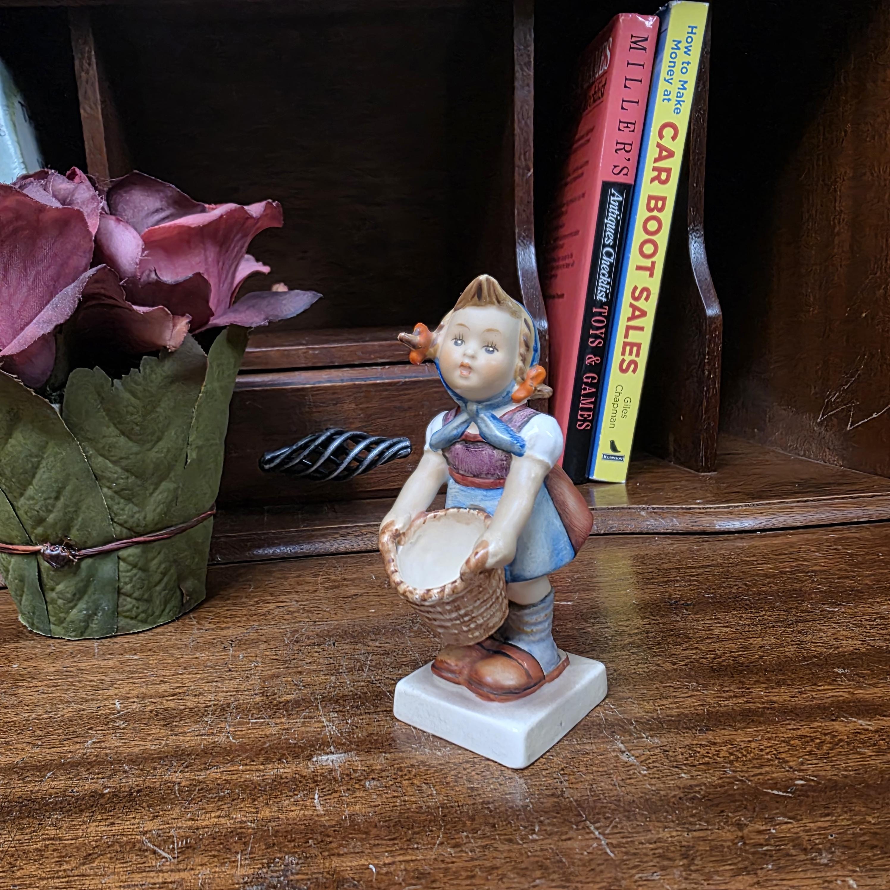 Vintage W Germany Porcelain Girl Figurine with Basket | Hummel Goebel Collectible Shelf Display Statue