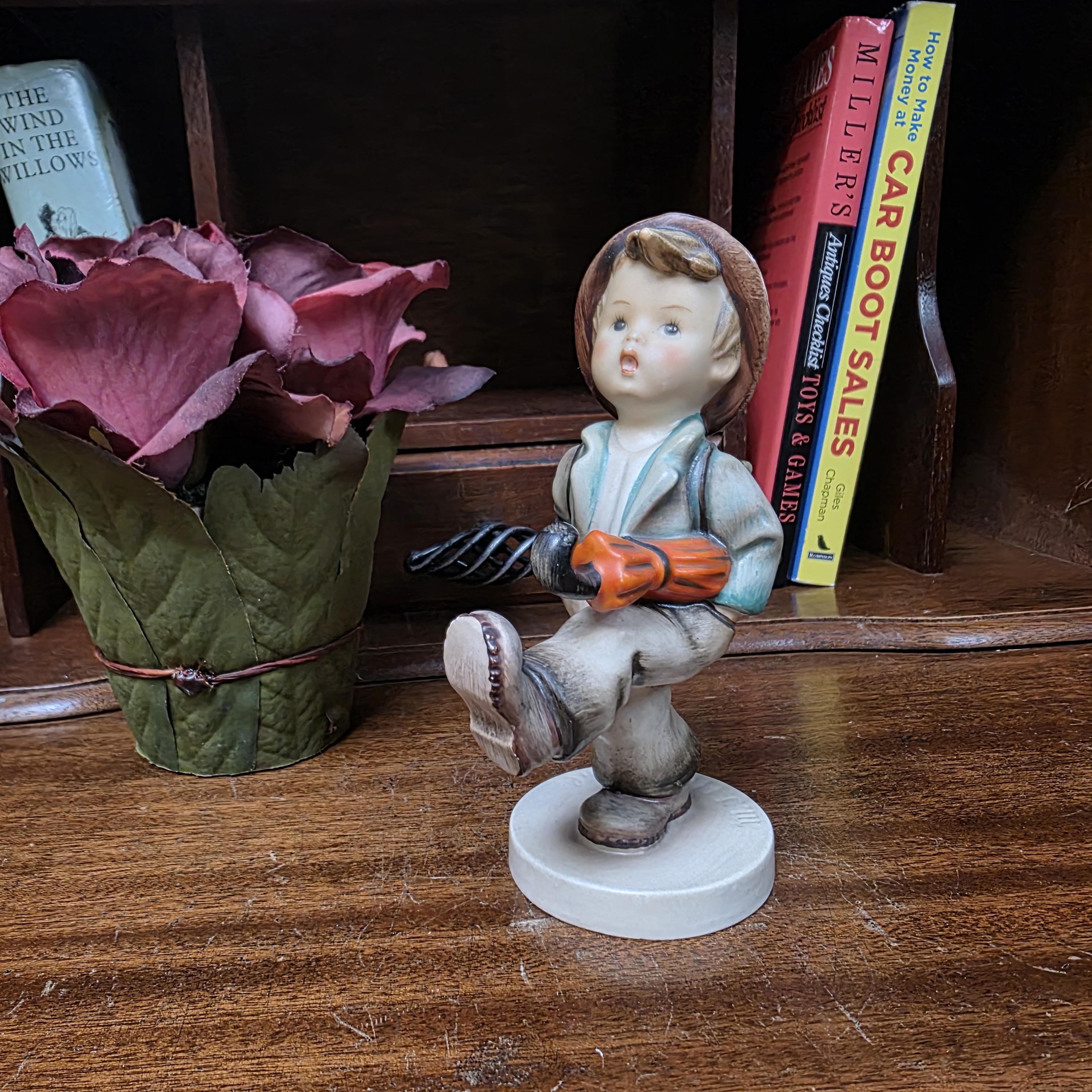 Hummel Goebel Umbrella Boy Figurine with Basket | Vintage German Porcelain Collectible Shelf Display Statue