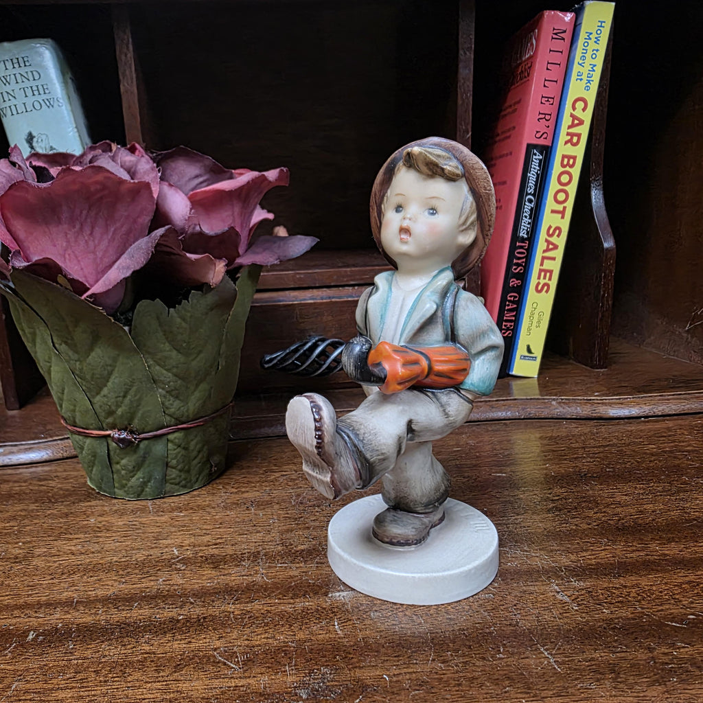 Hummel Goebel Umbrella Boy Figurine with Basket | Vintage German Porcelain Collectible Shelf Display Statue
