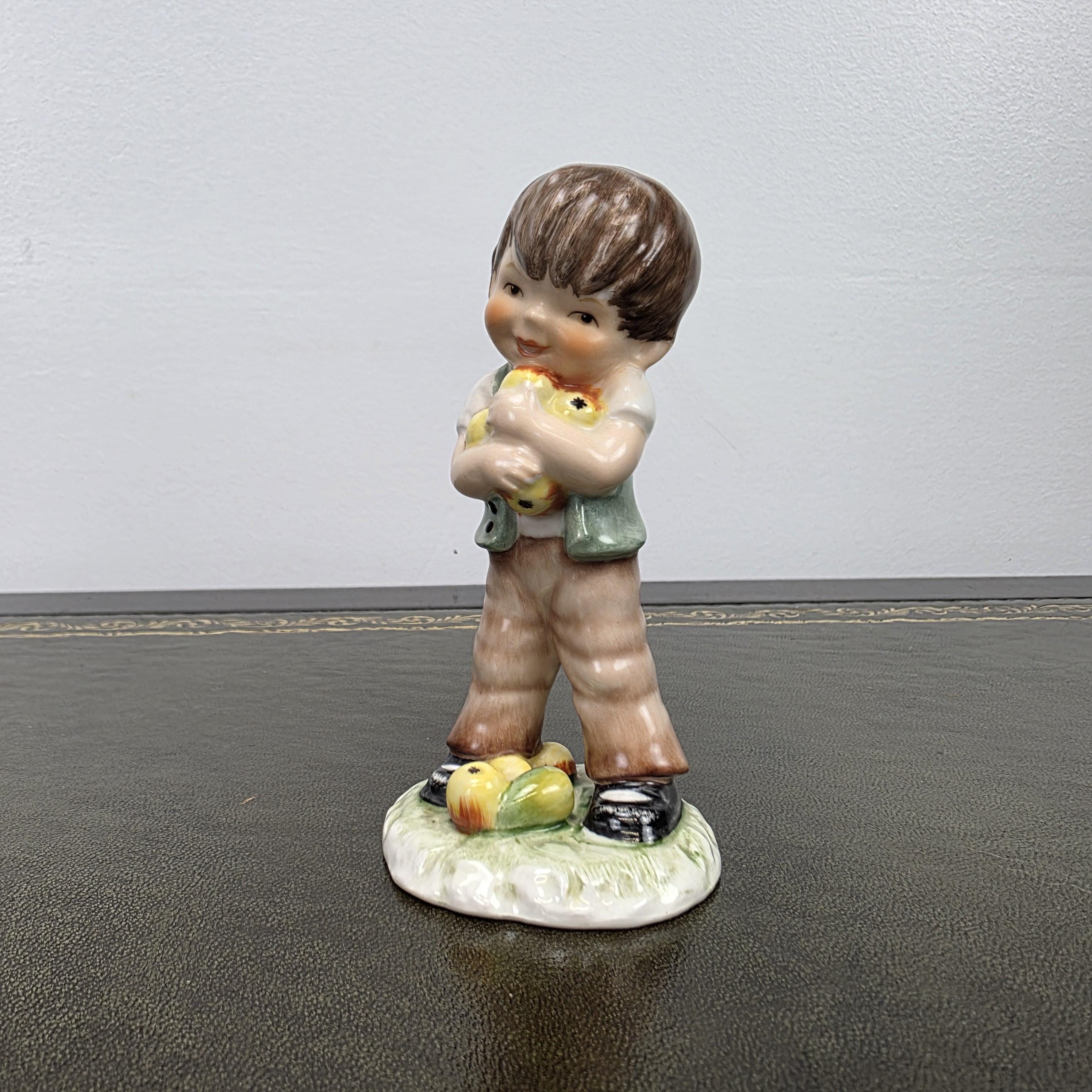 Vintage West Germany Porcelain Boy Figurine Holding Apples | Goebel Hummel Collectible Display Statue Decor
