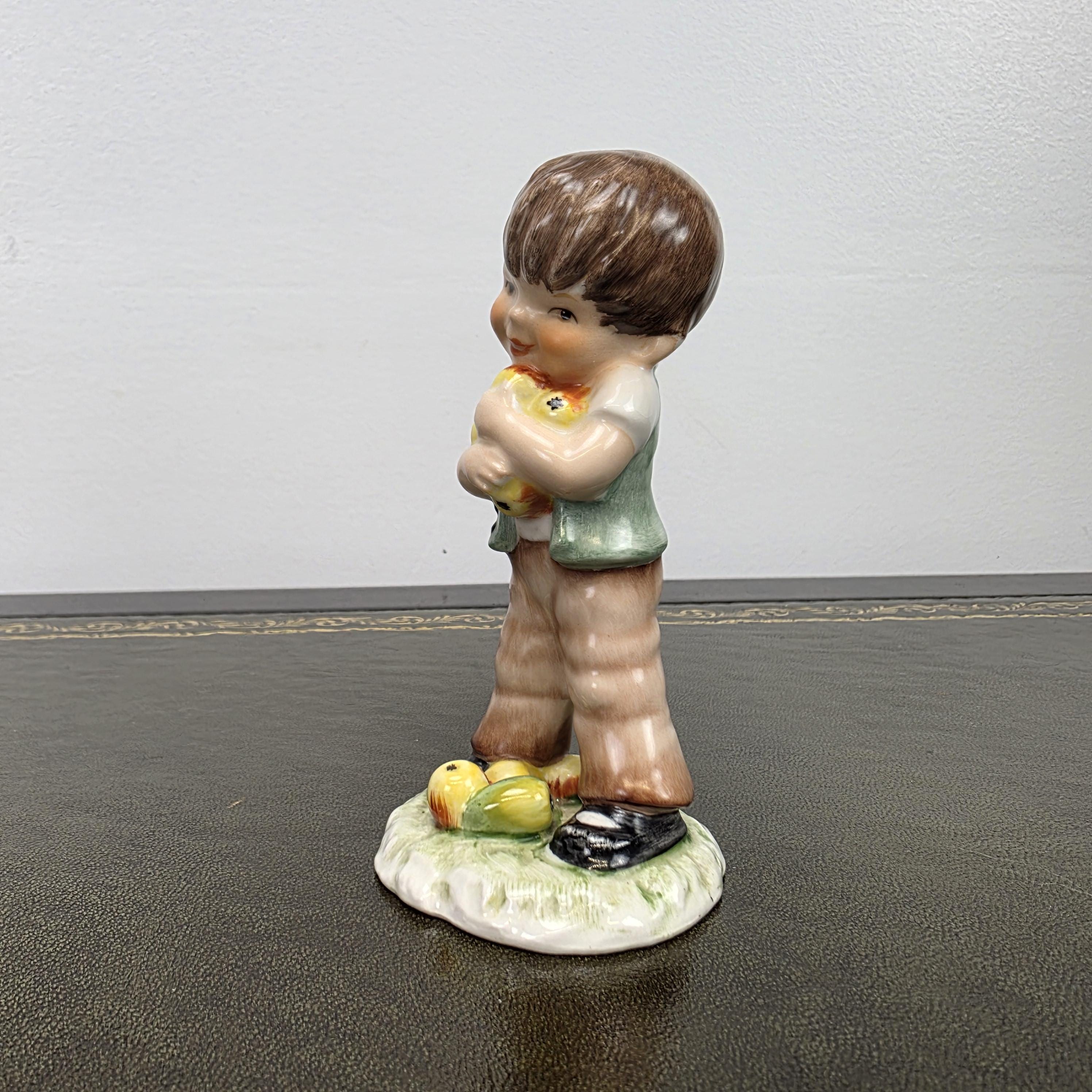 Vintage West Germany Porcelain Boy Figurine Holding Apples | Goebel Hummel Collectible Display Statue Decor
