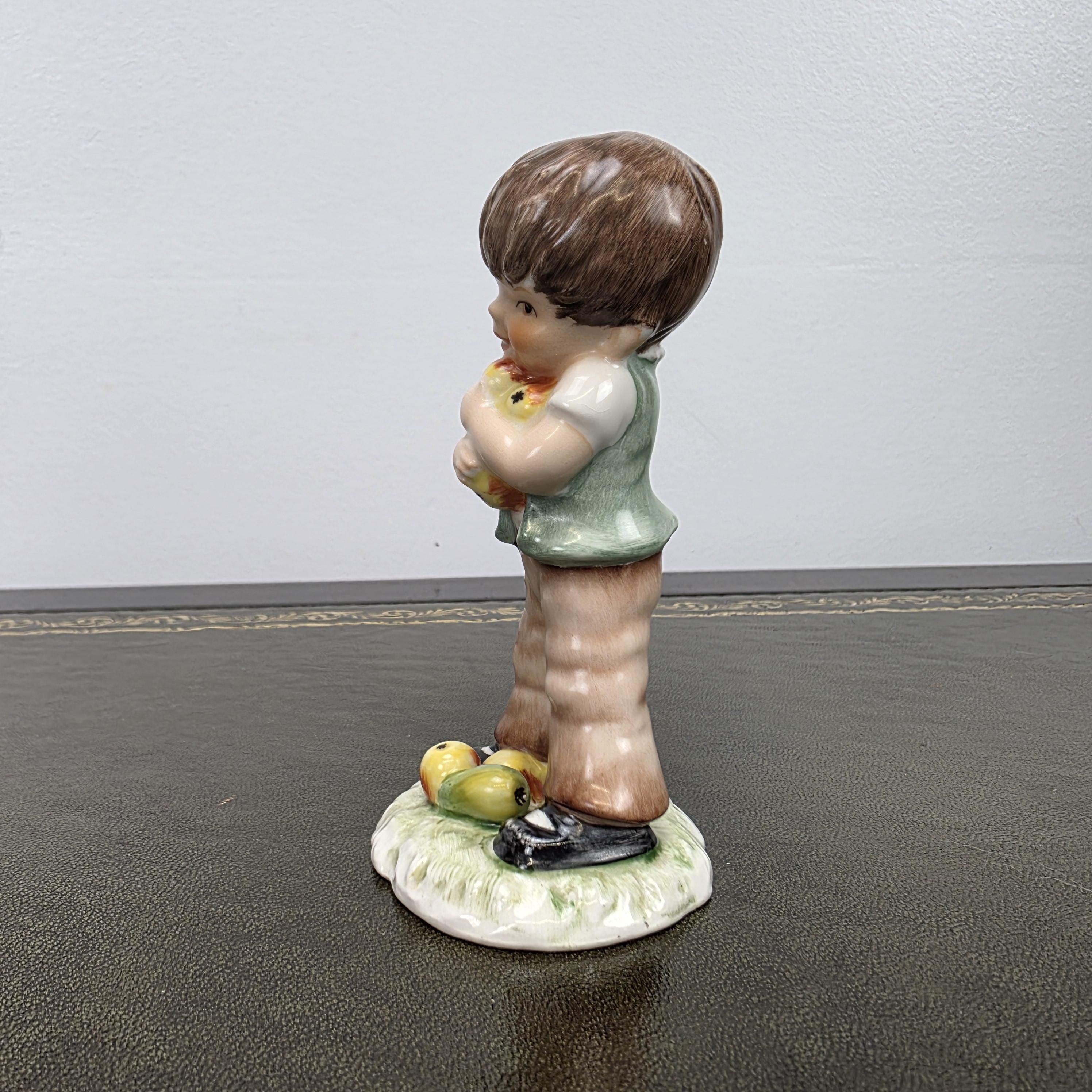 Vintage West Germany Porcelain Boy Figurine Holding Apples | Goebel Hummel Collectible Display Statue Decor