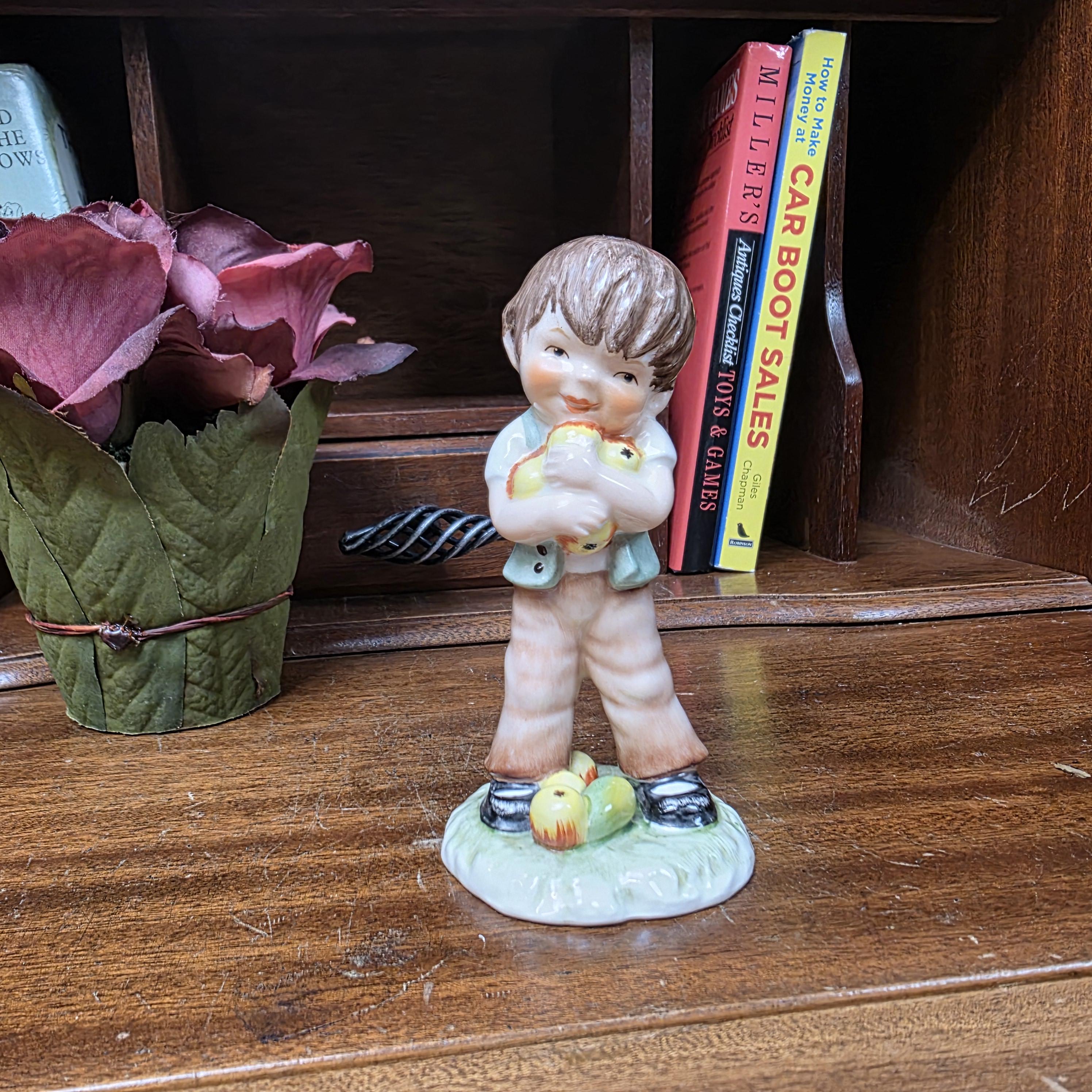 Vintage West Germany Porcelain Boy Figurine Holding Apples | Goebel Hummel Collectible Display Statue Decor