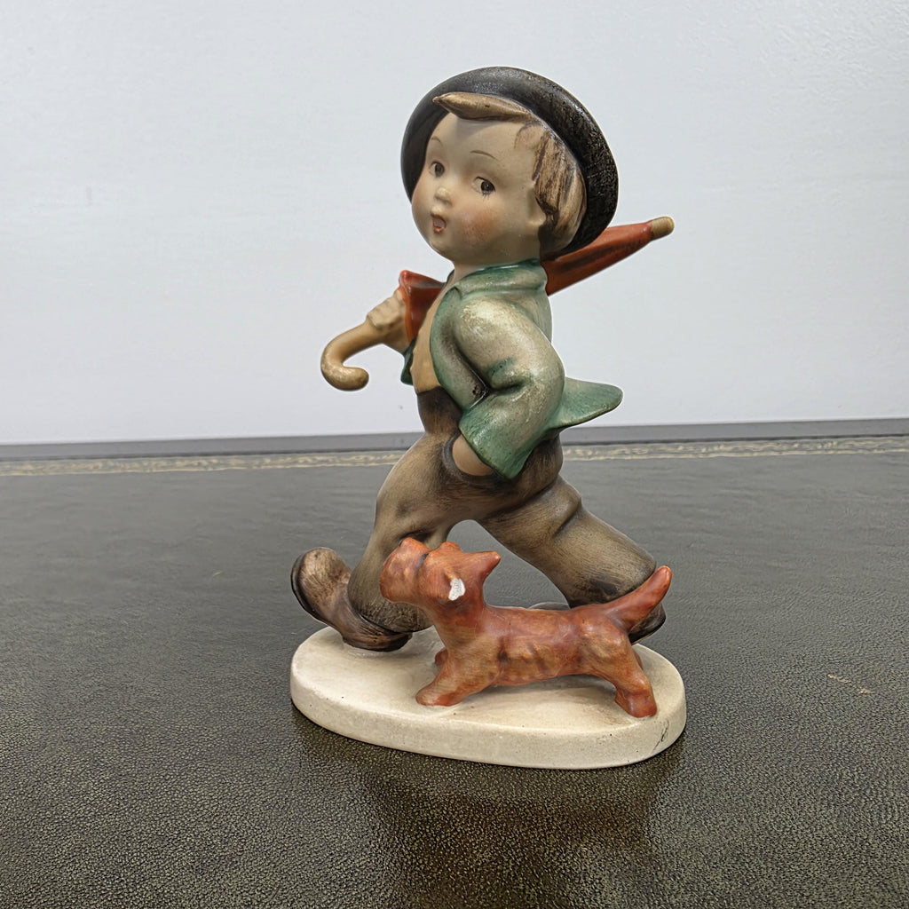 Vintage Goebel Hummel Boy Figurine with Umbrella and Dog | Germany Marked Porcelain Collectible 1950s