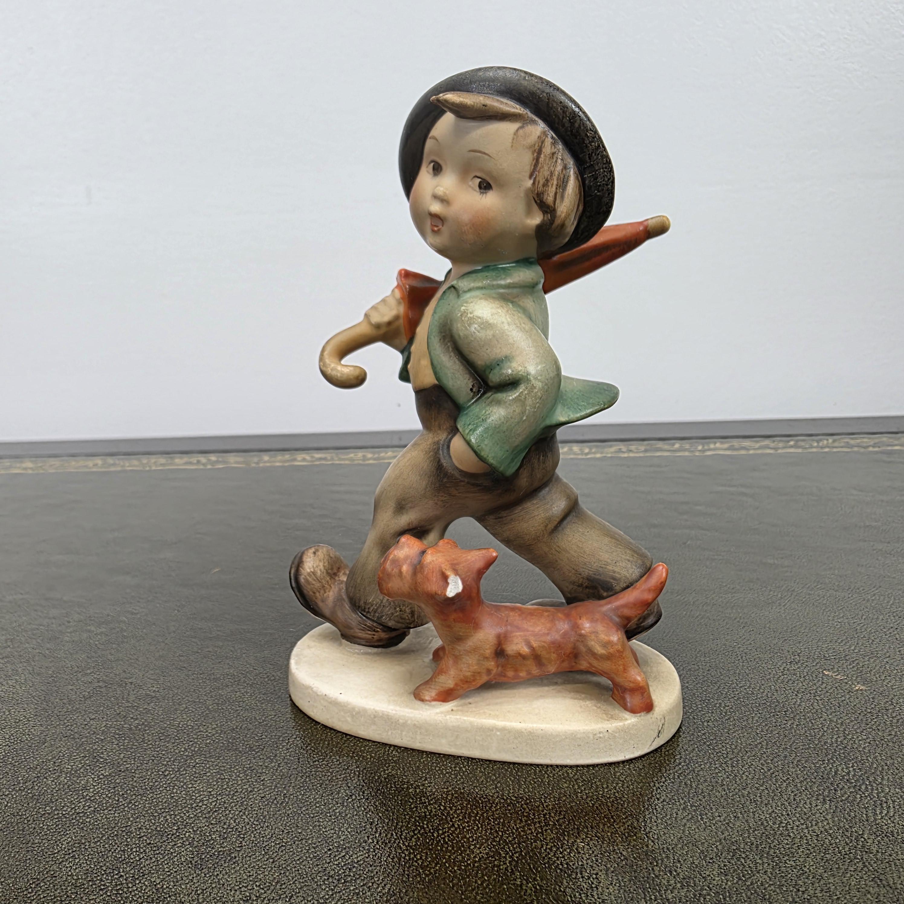 Vintage Goebel Hummel Boy Figurine with Umbrella and Dog | Germany Marked Porcelain Collectible 1950s