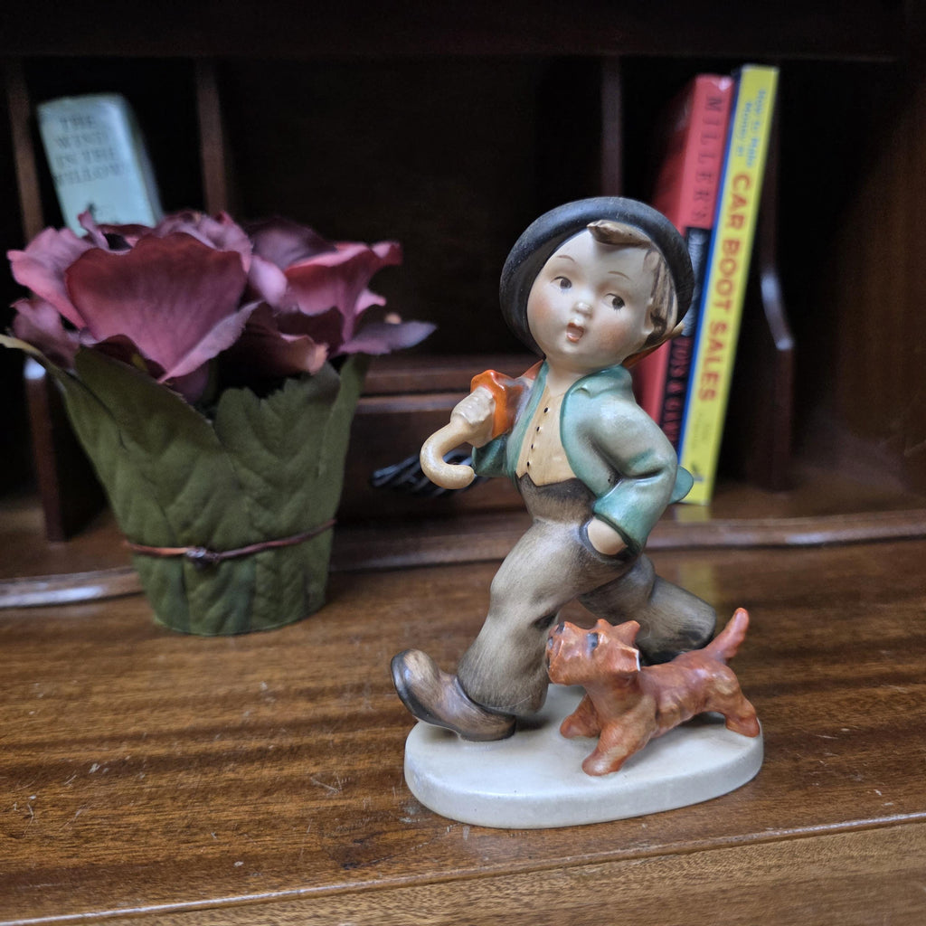 Vintage Goebel Hummel Boy Figurine with Umbrella and Dog | Germany Marked Porcelain Collectible 1950s