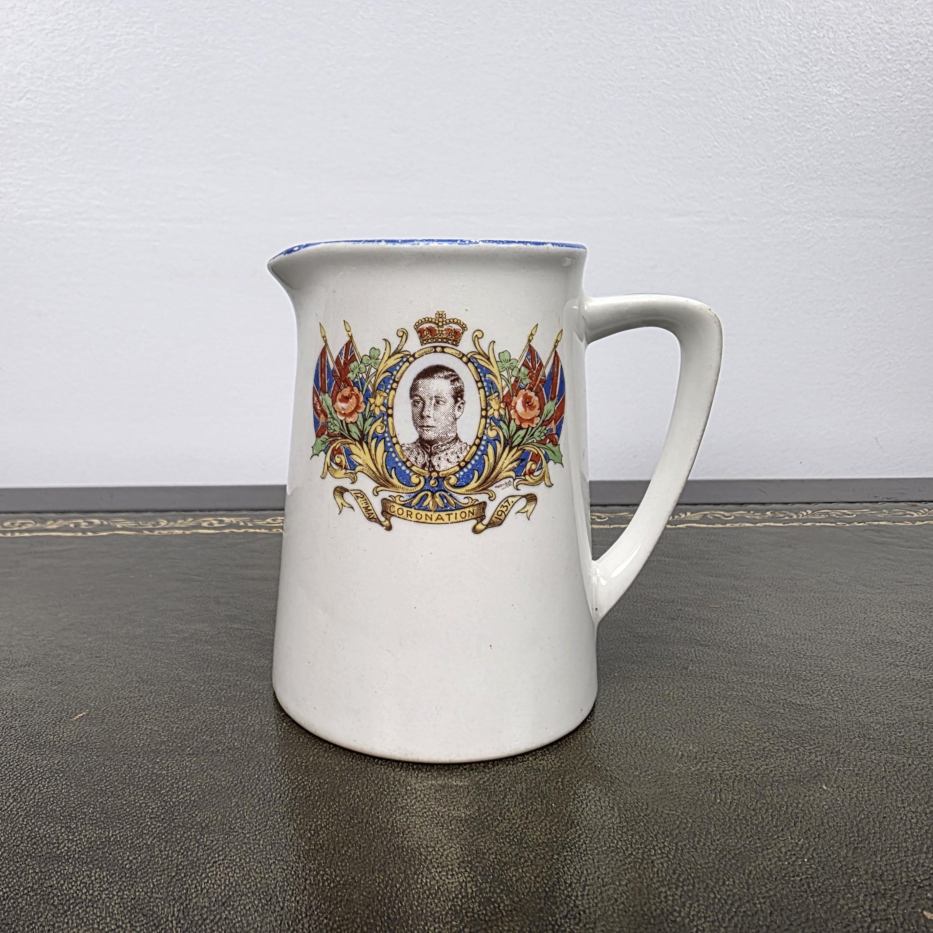 Antique Coronation Jug Ceramic Pitcher John Haddock Sons Royal Vitreous England 1937 Collectible Decor