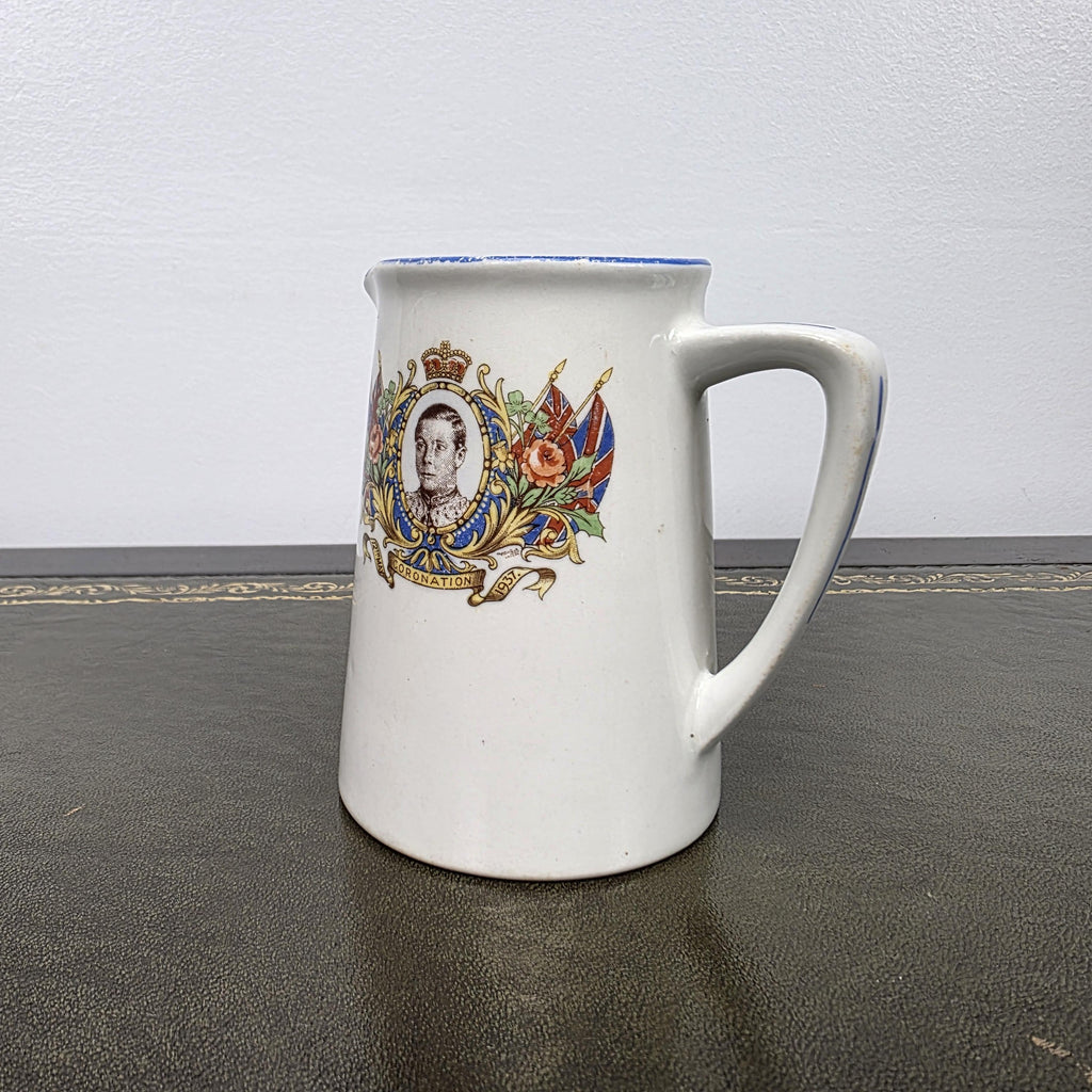 Antique Coronation Jug Ceramic Pitcher John Haddock Sons Royal Vitreous England 1937 Collectible Decor