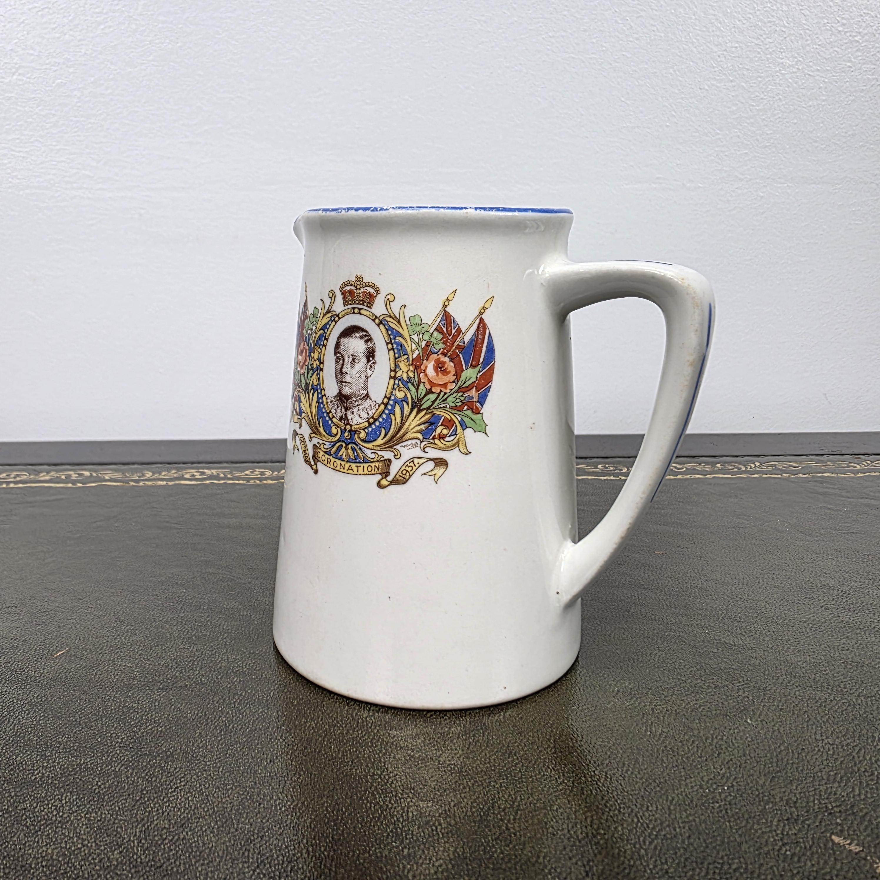 Antique Coronation Jug Ceramic Pitcher John Haddock Sons Royal Vitreous England 1937 Collectible Decor