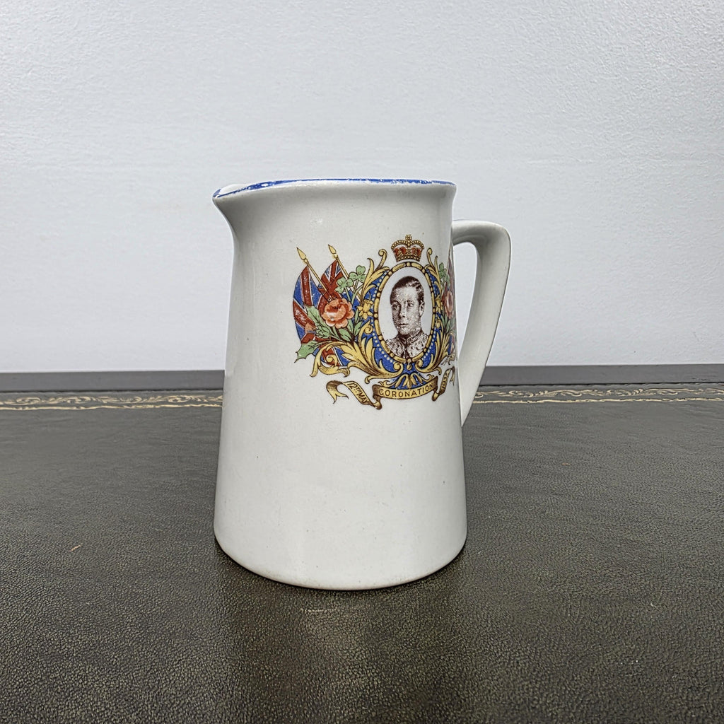 Antique Coronation Jug Ceramic Pitcher John Haddock Sons Royal Vitreous England 1937 Collectible Decor