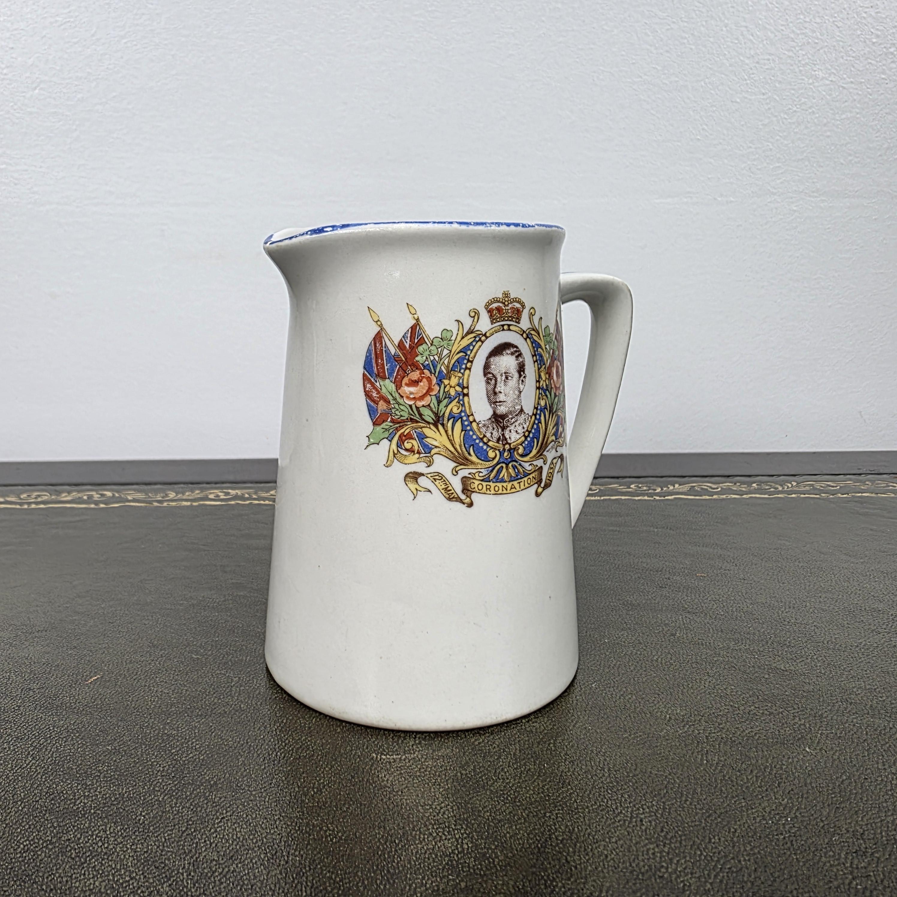 Antique Coronation Jug Ceramic Pitcher John Haddock Sons Royal Vitreous England 1937 Collectible Decor