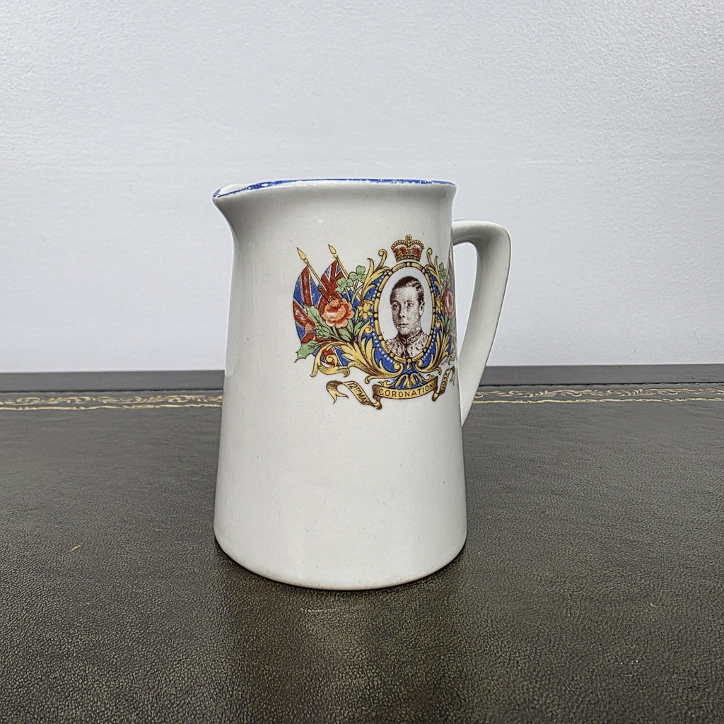 Antique Coronation Jug Ceramic Pitcher John Haddock Sons Royal Vitreous England 1937 Collectible Decor