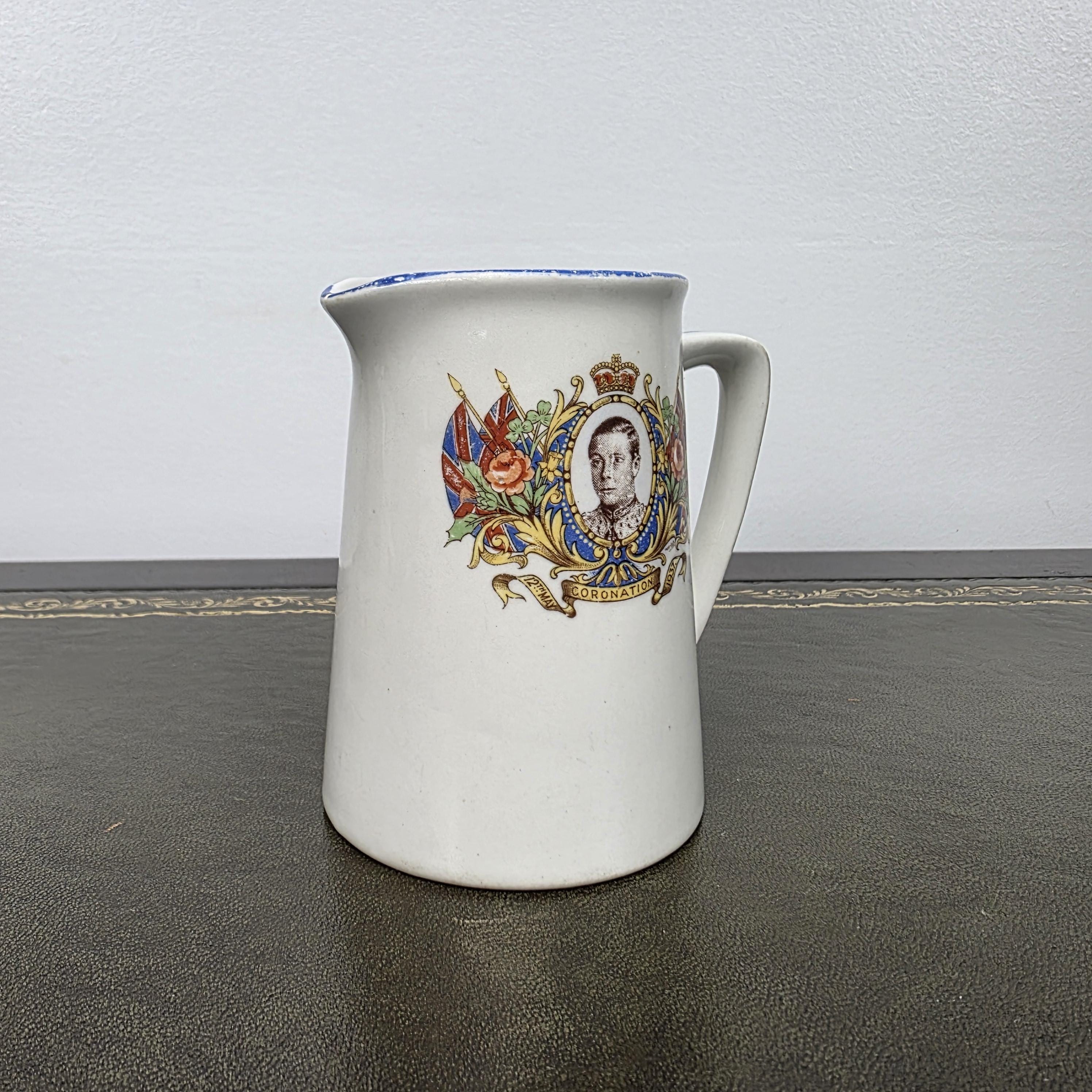 Antique Coronation Jug Ceramic Pitcher John Haddock Sons Royal Vitreous England 1937 Collectible Decor