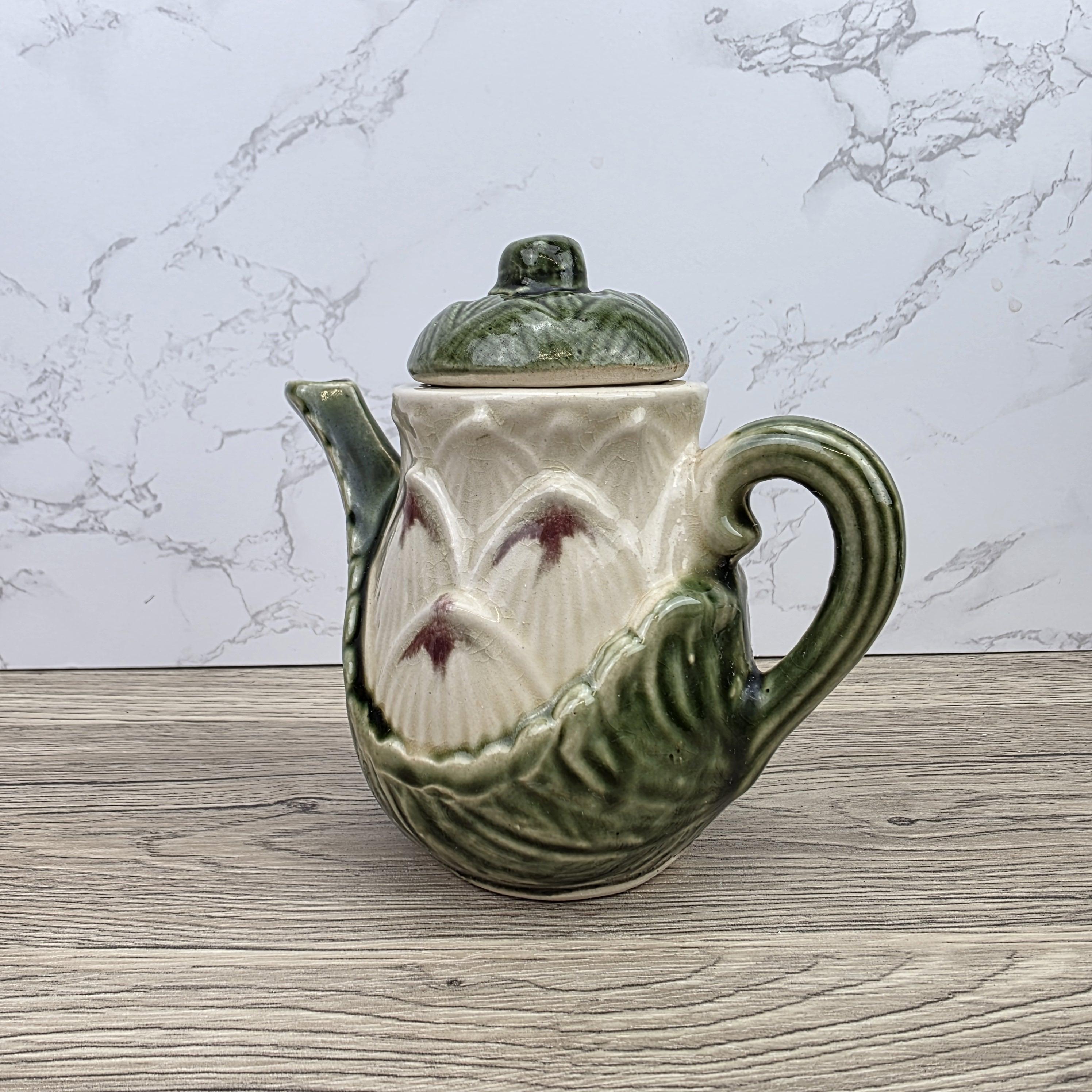 Ceramic Lily Flower Teapot With Lid Green Glazed Leaf Spout Floral Tea Serving Pot