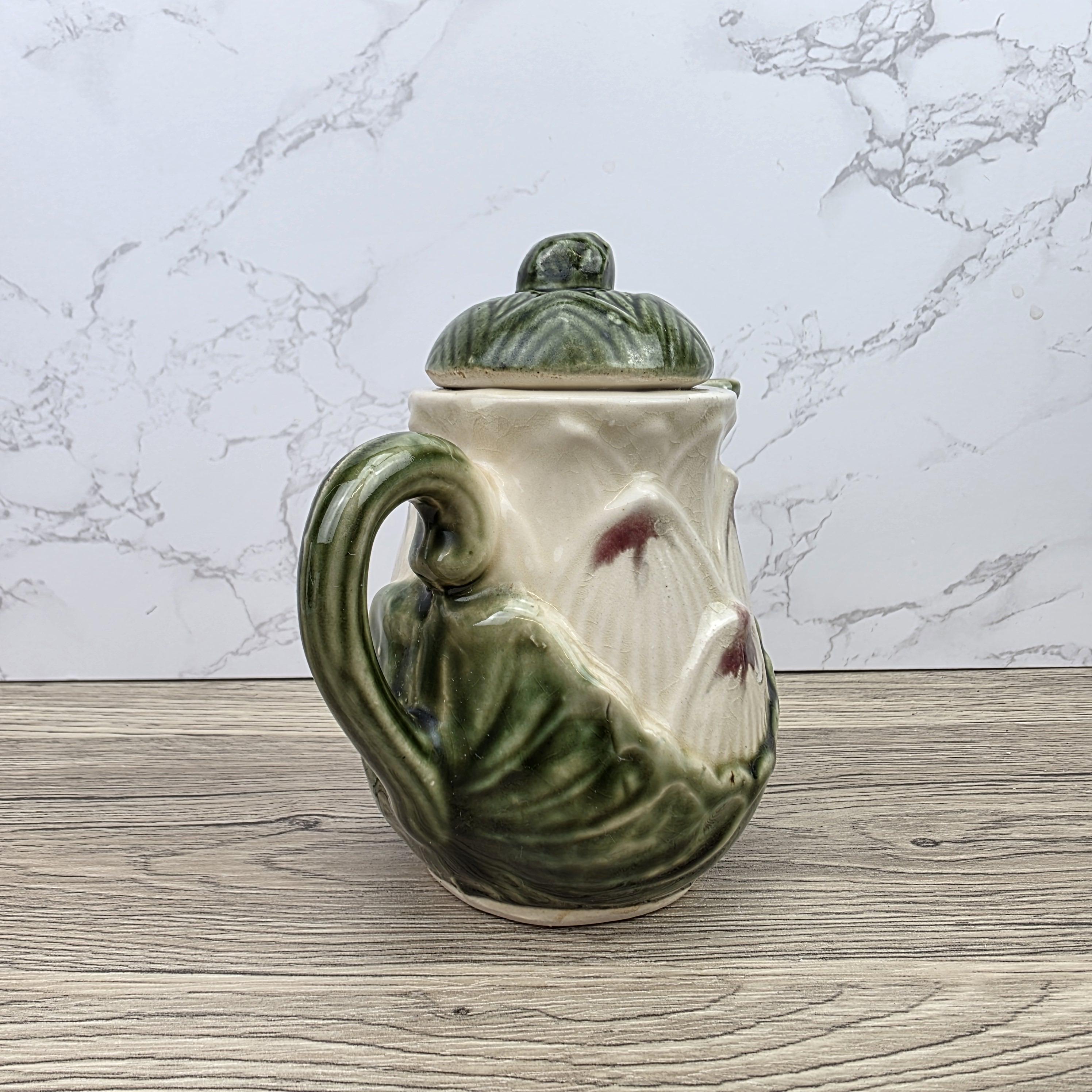 Ceramic Lily Flower Teapot With Lid Green Glazed Leaf Spout Floral Tea Serving Pot