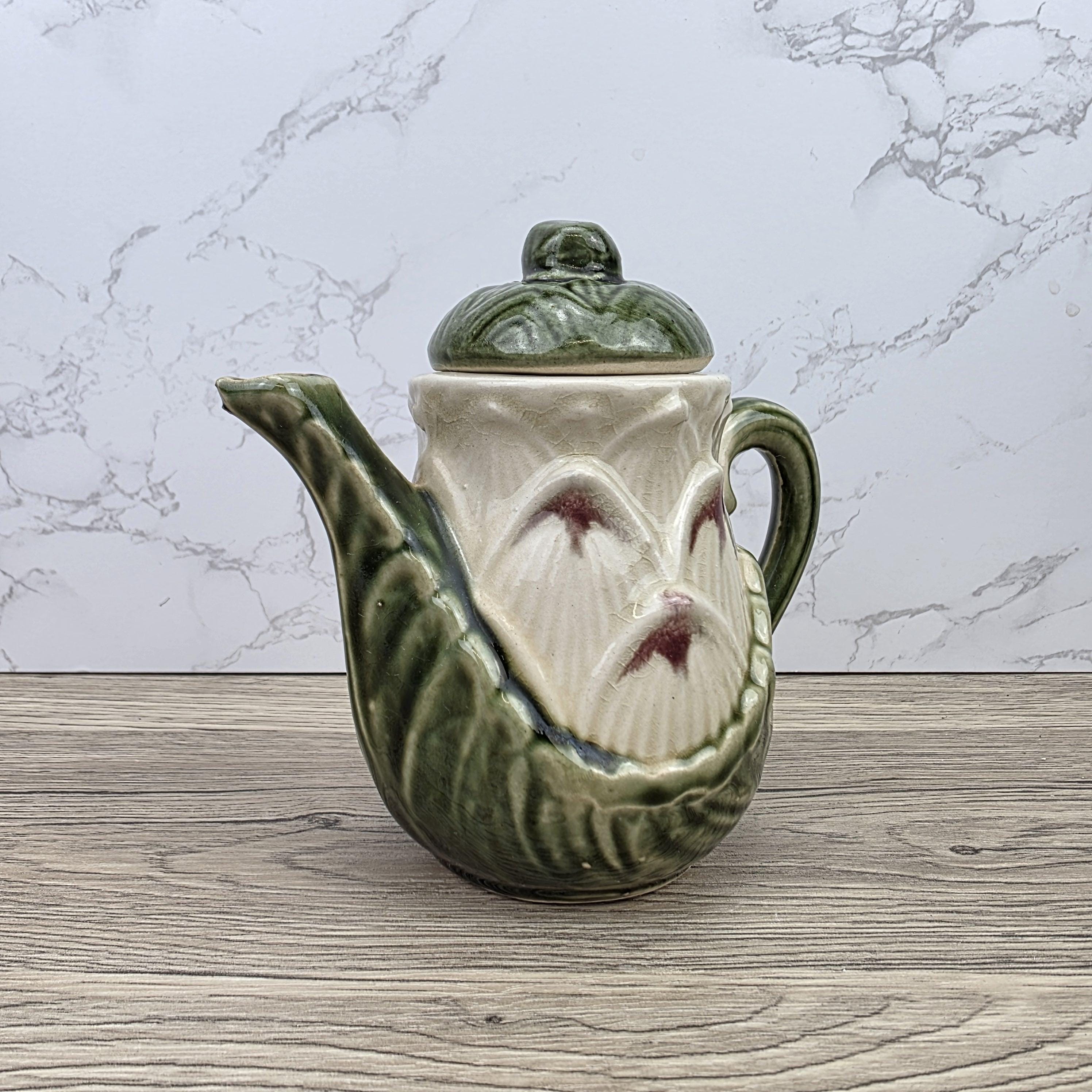 Ceramic Lily Flower Teapot With Lid Green Glazed Leaf Spout Floral Tea Serving Pot
